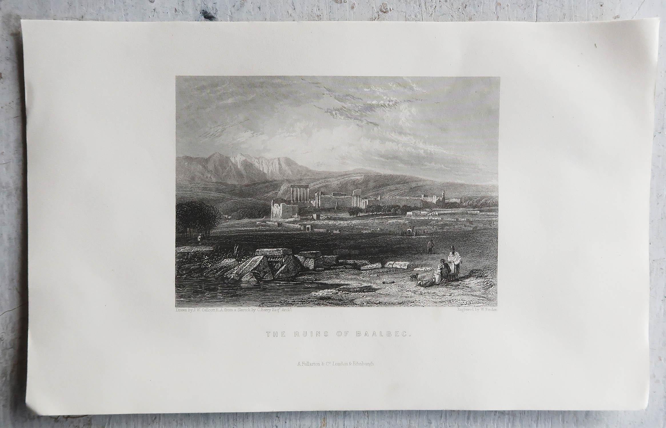 Anglais Impression ancienne originale du temple de Baalbek, Liban. C.1850 en vente