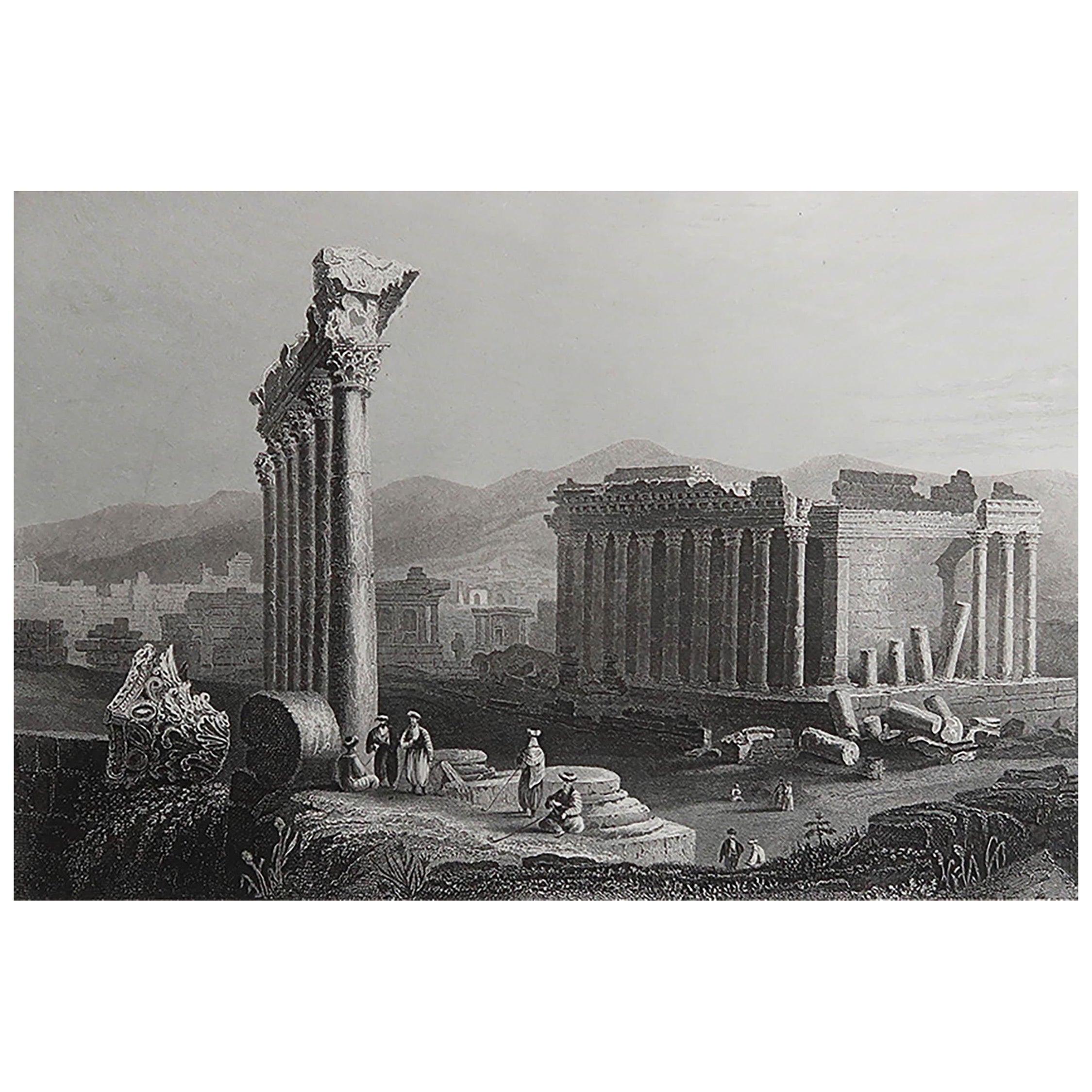 Original Antique Print of the Temple of Baalbek, Lebanon. C.1850