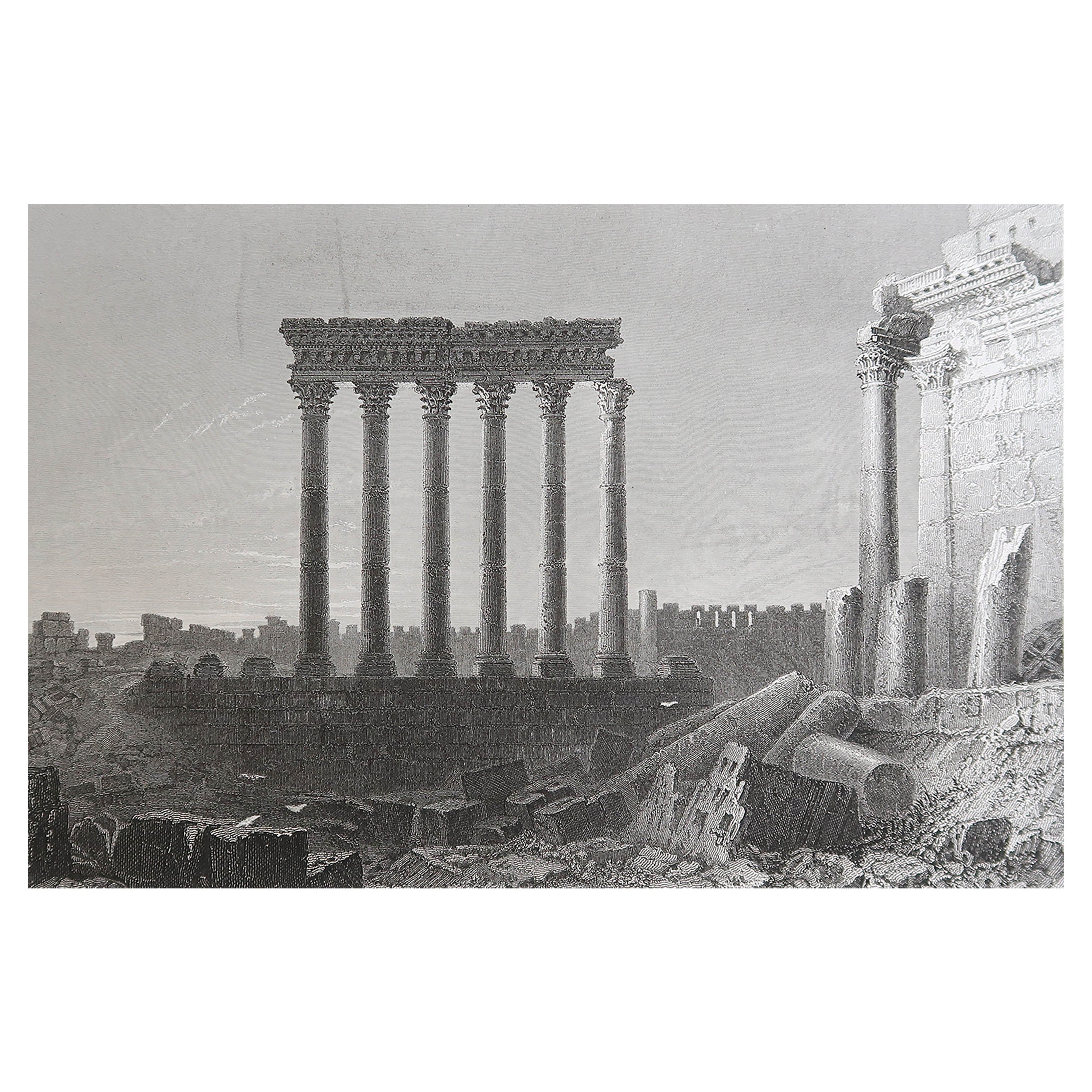 Original Antique Print of The Temple of Baalbek, Lebanon. C.1850 en venta