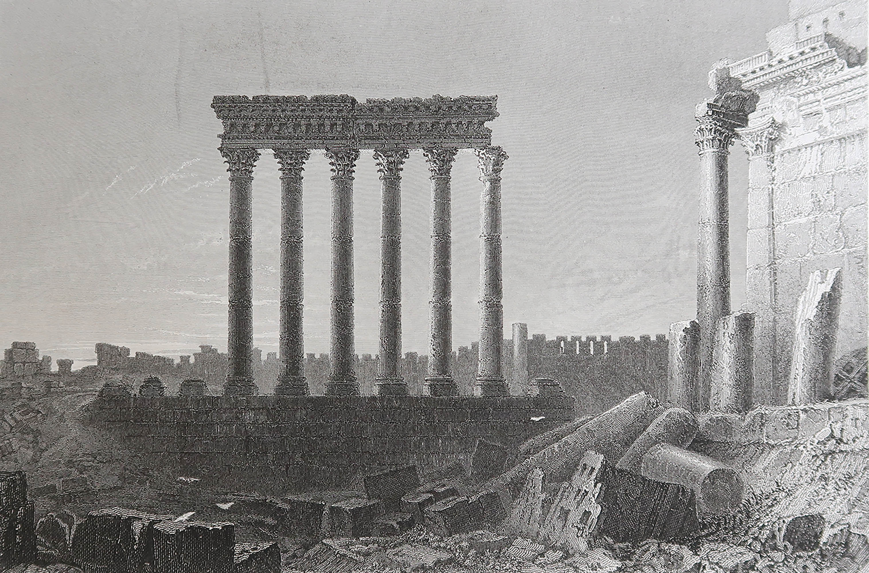Original Antique Print of The Temple of Baalbek, Lebanon. C.1850