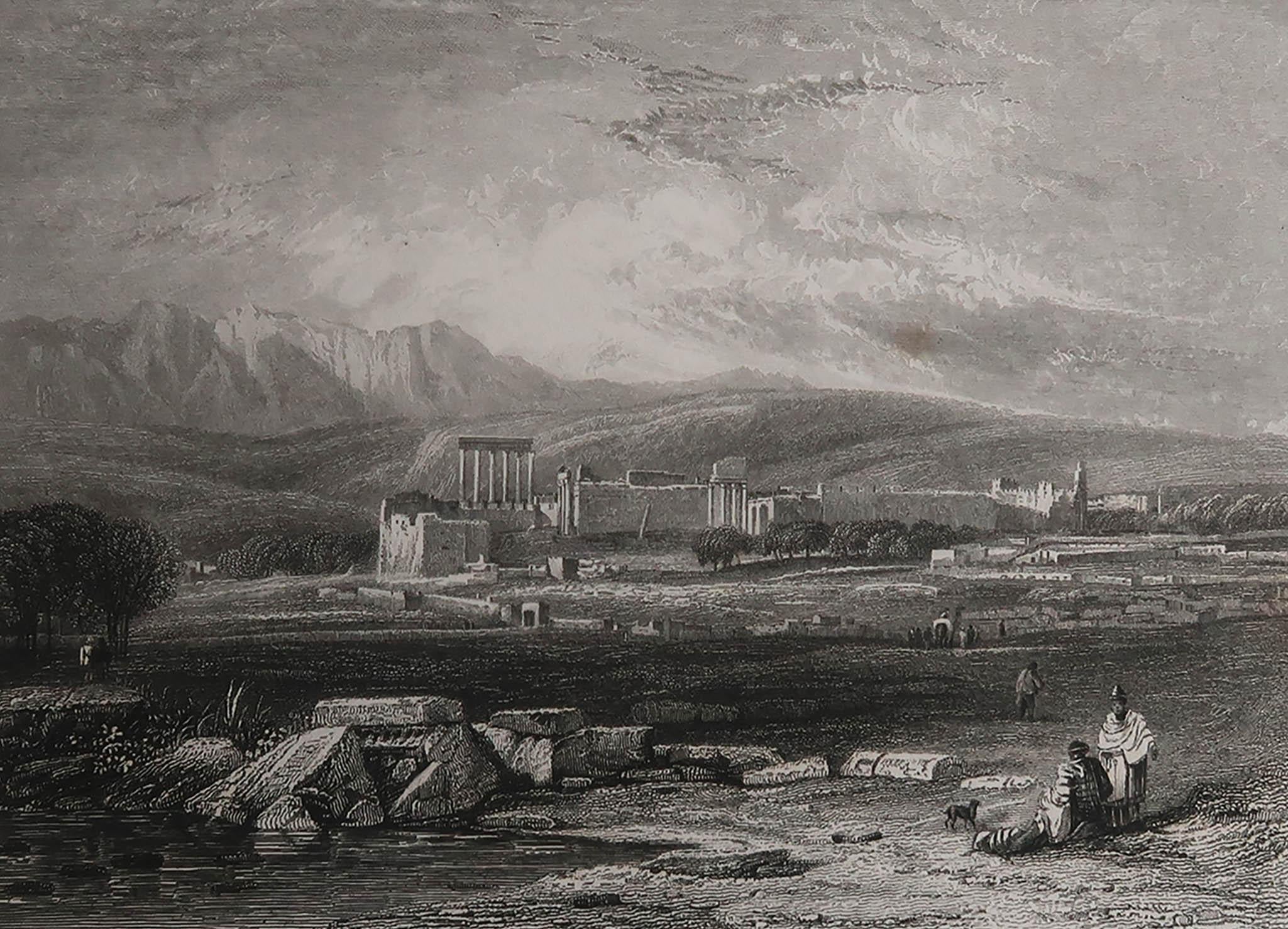 Maravillosa imagen del Templo de Baalbek.

Grabado fino en acero según J.W Callcott

Publicado por Murray, fechado en 1834

Sin enmarcar.


