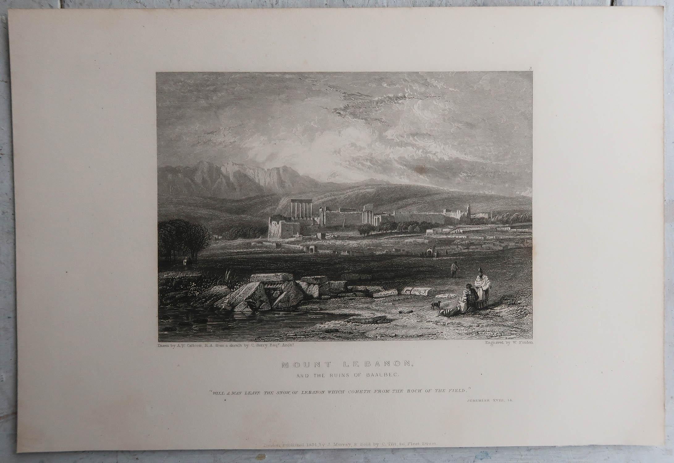 Grabado original antiguo del Templo de Baalbek, Líbano. Fechado en 1834 Inglés en venta