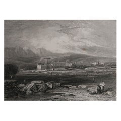 Grabado original antiguo del Templo de Baalbek, Líbano. Fechado en 1834