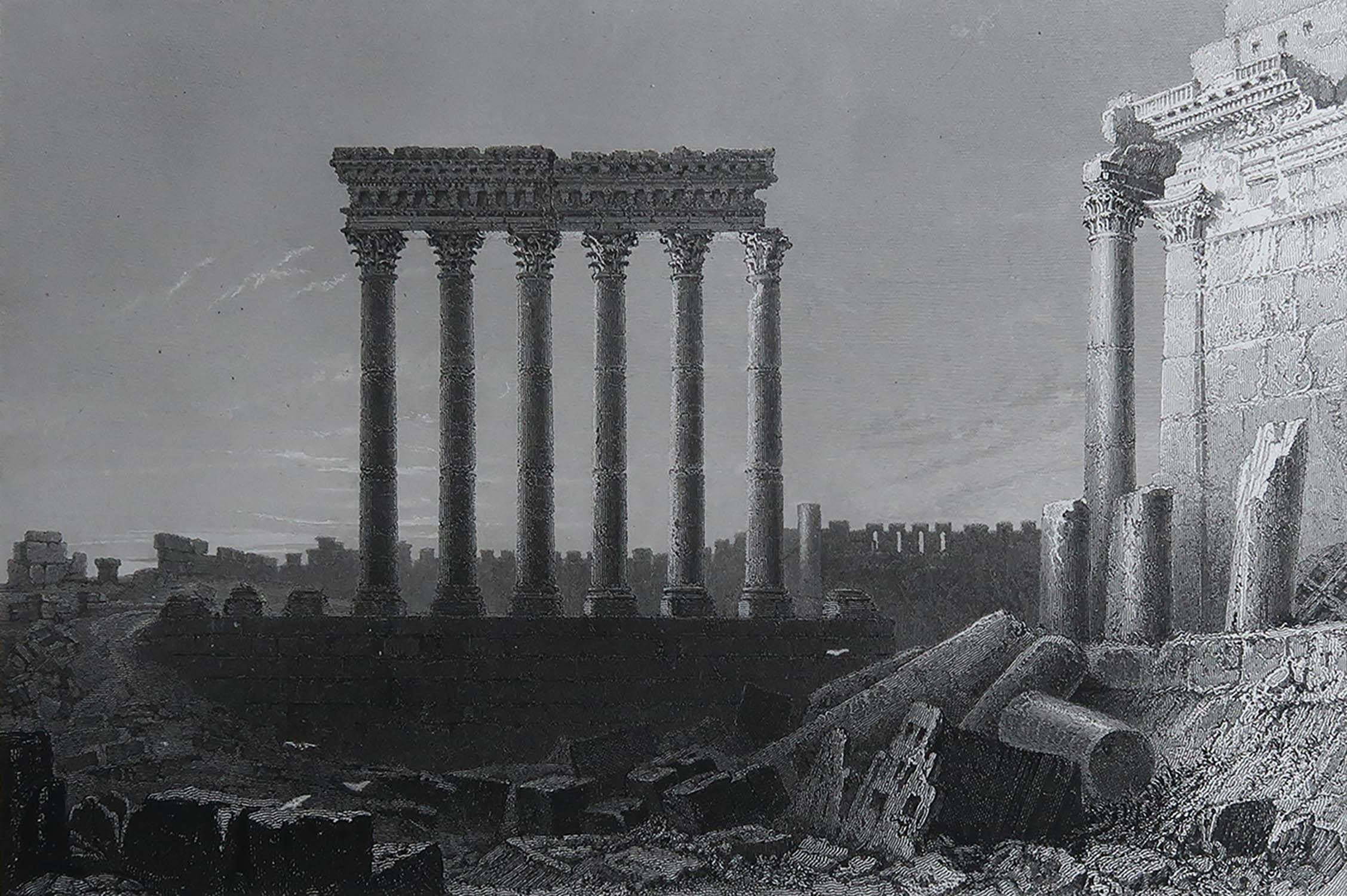 Maravillosa imagen del Templo de Baalbek 

Grabado fino en acero según W. H. Bartlett

Publicado por Fisher. Fechado en 1838

Sin enmarcar.

Envío gratuito


