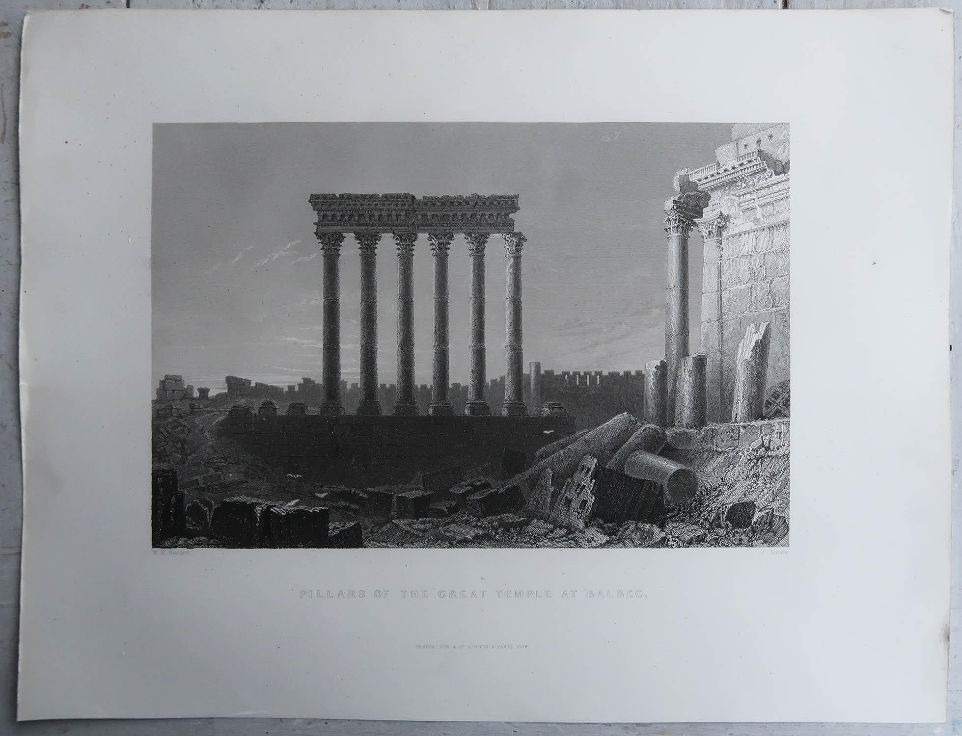 Grabado original antiguo del Templo de Baalbek, Líbano. Fechado en 1838 Romano clásico en venta