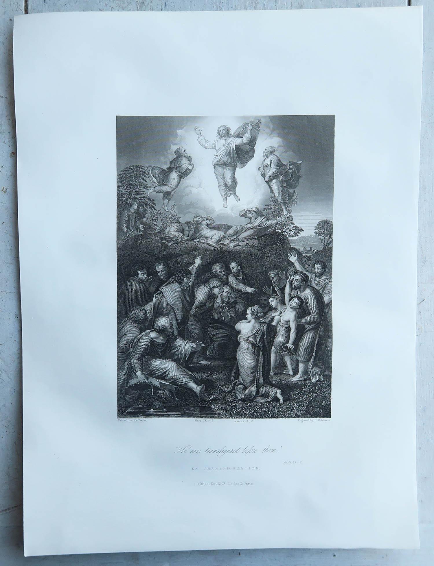 Renaissance Gravure ancienne originale de The Transfiguration d'après Raphael. Circa 1850 en vente