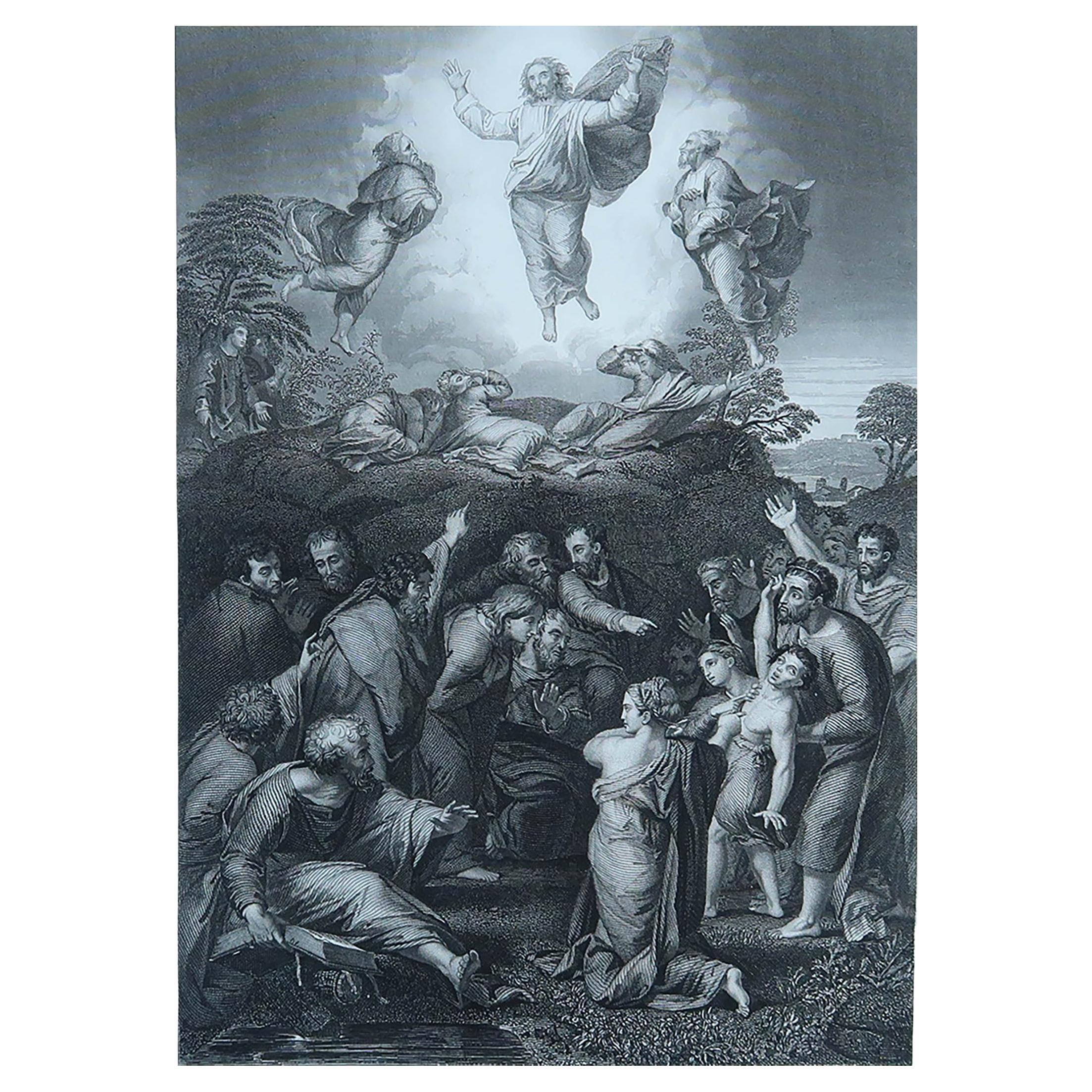 Gravure ancienne originale de The Transfiguration d'après Raphael. Circa 1850
