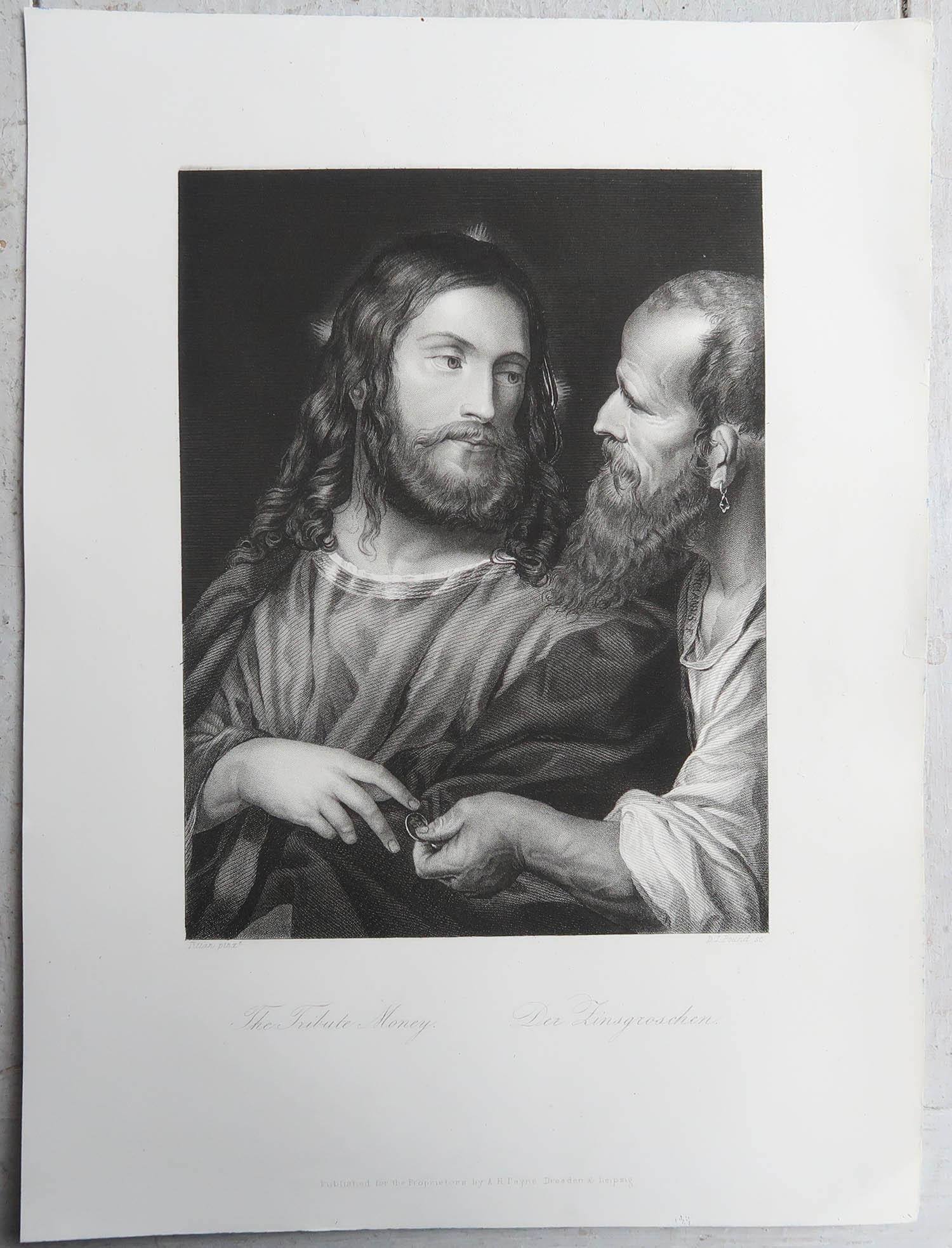 Renaissance Original Antique Print of The Tribute Money After Titian. C.1850 For Sale
