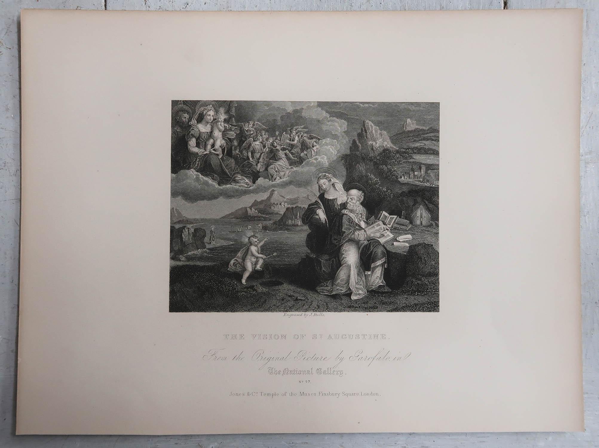 English Original Antique Print of The Vision of St Augustine After Garofalo. C.1840 For Sale