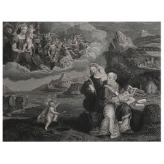 Impression ancienne originale de la vision de Saint Augustin d'après Garofalo. C.1840