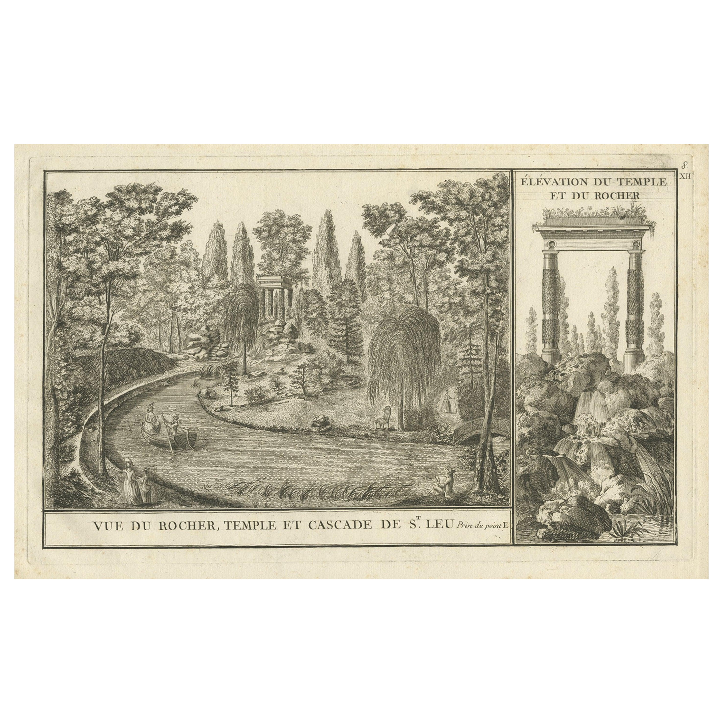 Original antiker Originaldruck des Wasserfalles von Saint-Leu in Frankreich, 1776