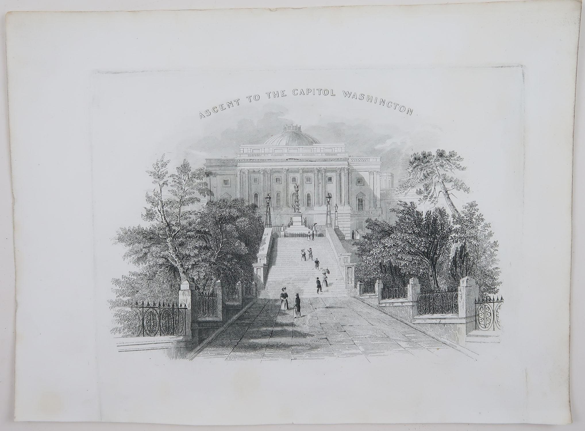 English Original Antique Print of The US Capitol Building, Washington DC., 1827