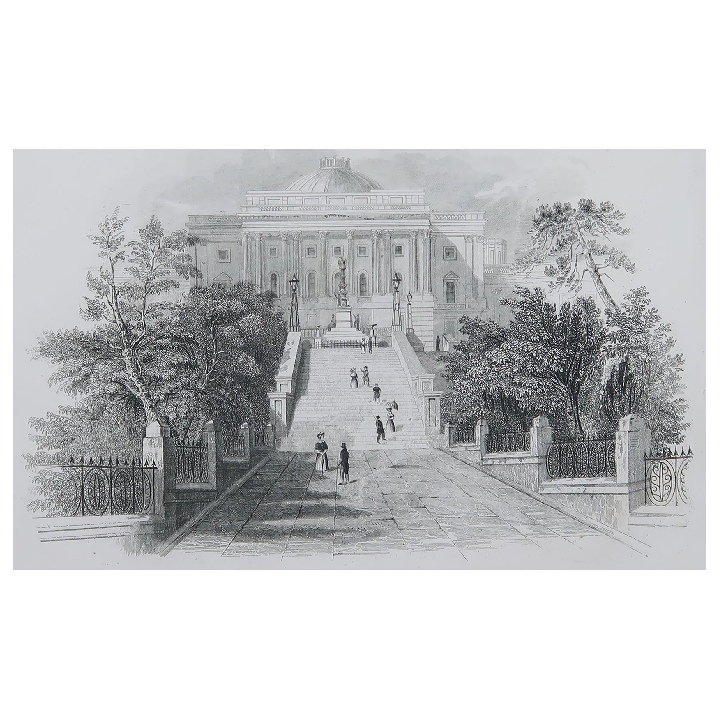 Original Antique Print of The US Capitol Building, Washington DC., 1827