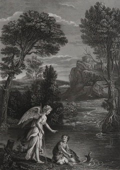Original Antique Print of Tobit And The Angel After Domenichino. C.1850