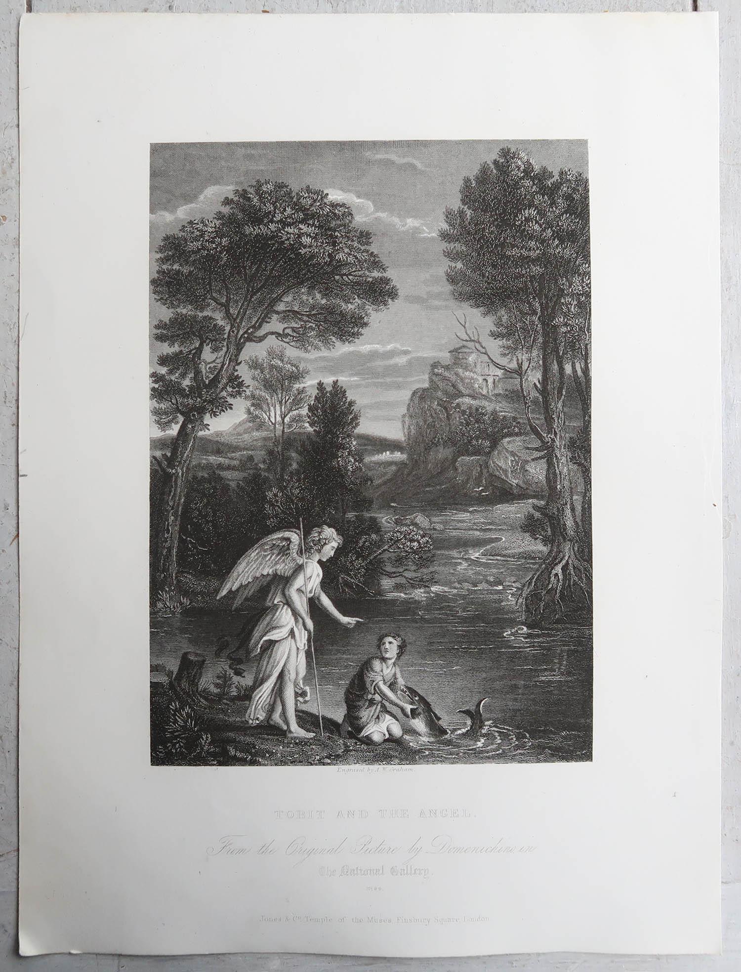 Renaissance Impression ancienne originale de Tobit And The Angel d'après Domenichino. C.1850 en vente