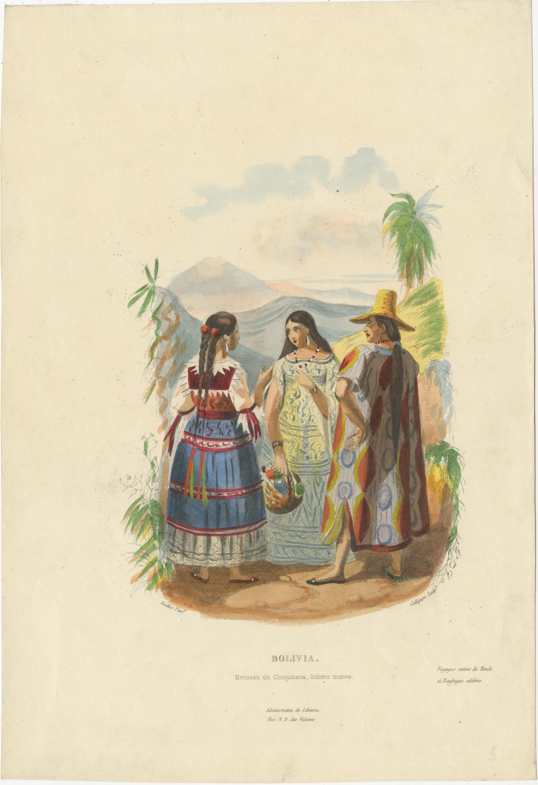 Antique print titled 'Bolivia'. 

Original antique print of two women and a man from Bolivia. This print originates from a work by Captain Gabriel-Pierre Lafond and illustrates people from remote and exotic lands in an era of travel and