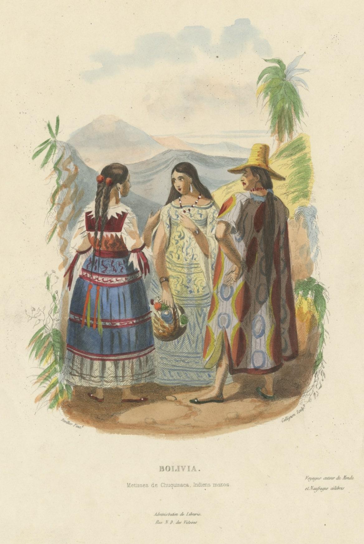 Original Antique Print of Two Women and a Man from Bolivia, South America, 1843 In Good Condition For Sale In Langweer, NL
