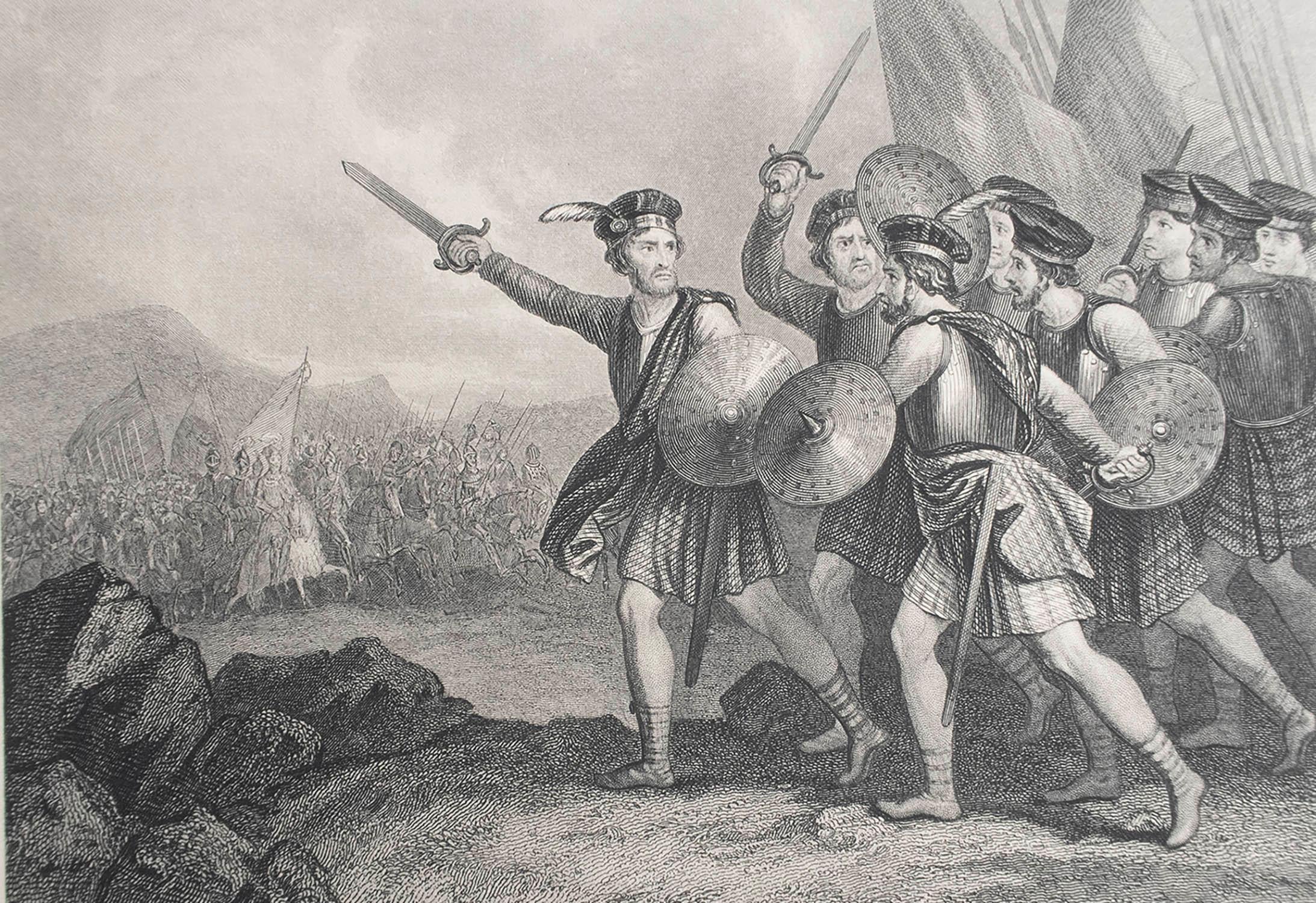 Großes Bild von William Wallace von Schottland im Kampf gegen die Engländer

Feiner Stahlstich nach J.M Wright

Veröffentlicht C.1850

Ungerahmt.

Die angegebene Größe entspricht dem Papierformat