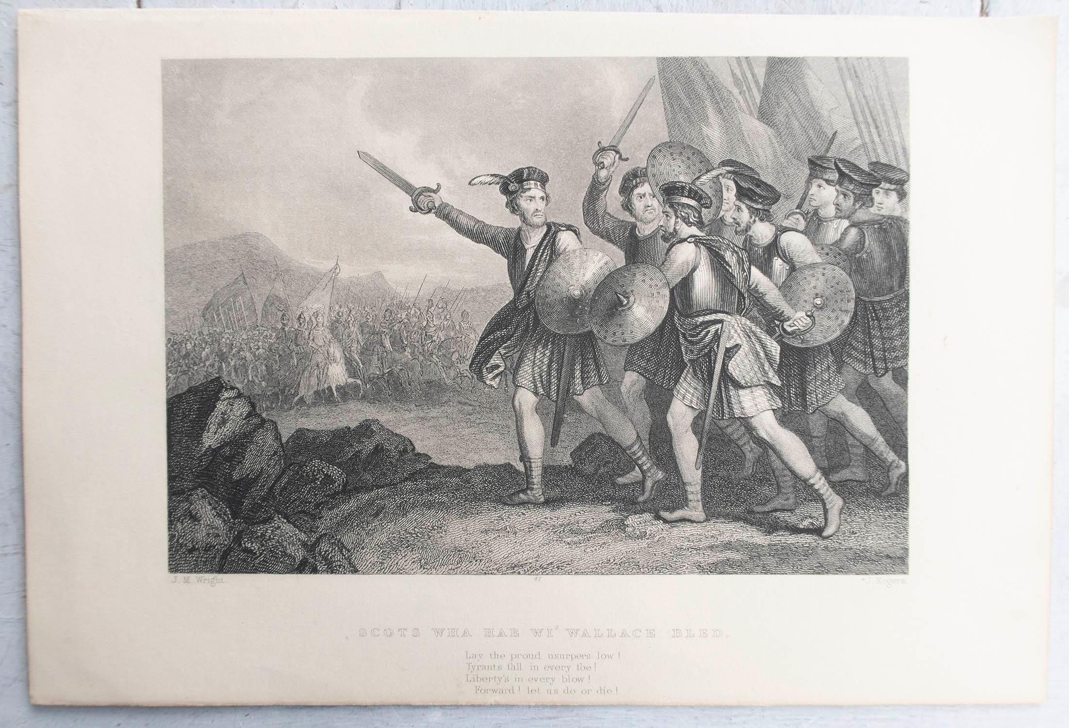 English Original Antique Print of William Wallace In Battle. C.1850 For Sale