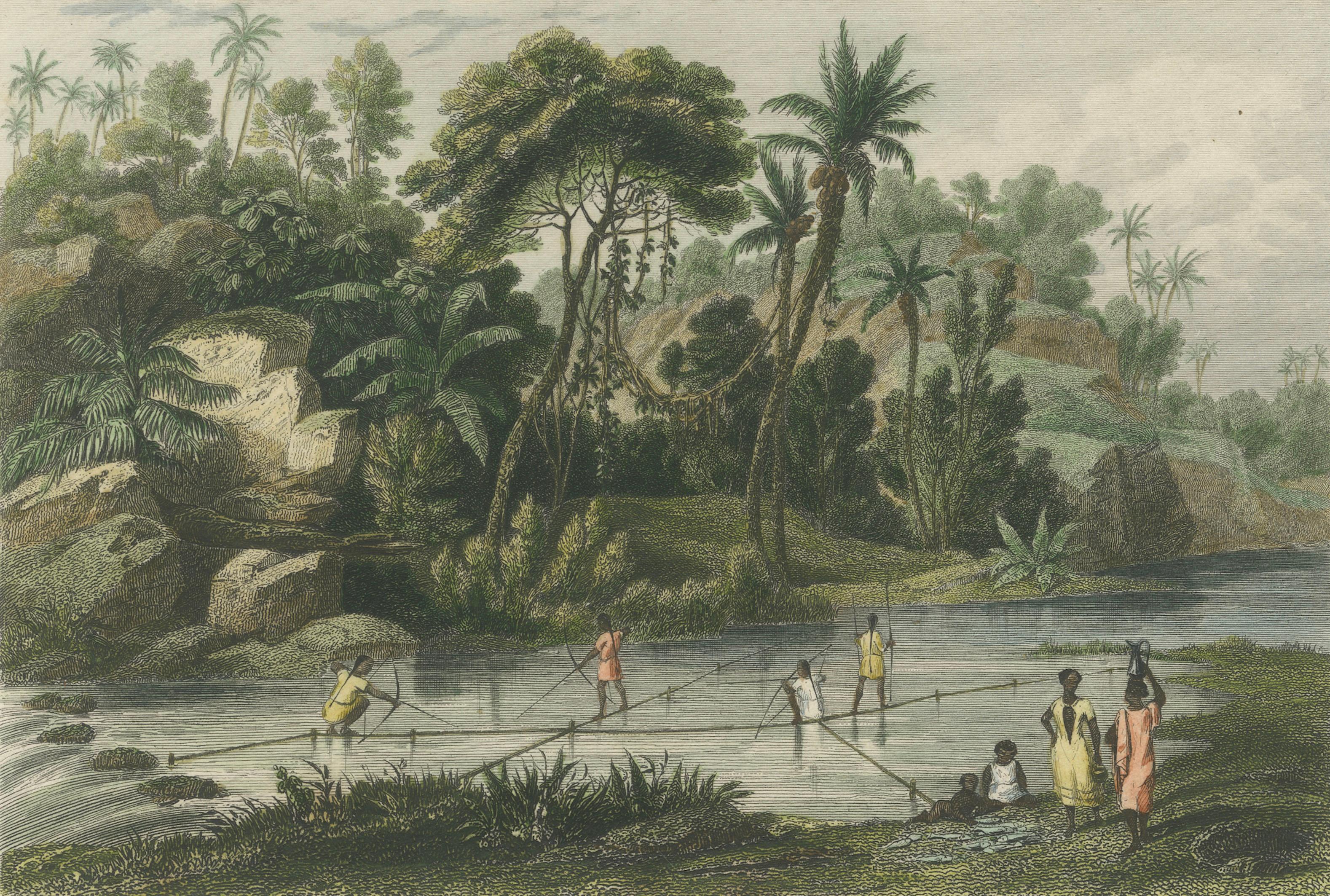 Original Antique Print of Yuracaré Fishing in Peru by Dureau, c.1840