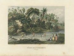 Original Antique Print of Yuracaré Fishing in Peru by Dureau, c.1840