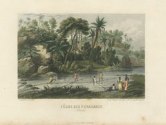 Original Antique Print of Yuracaré Fishing in Peru by Dureau, c.1840