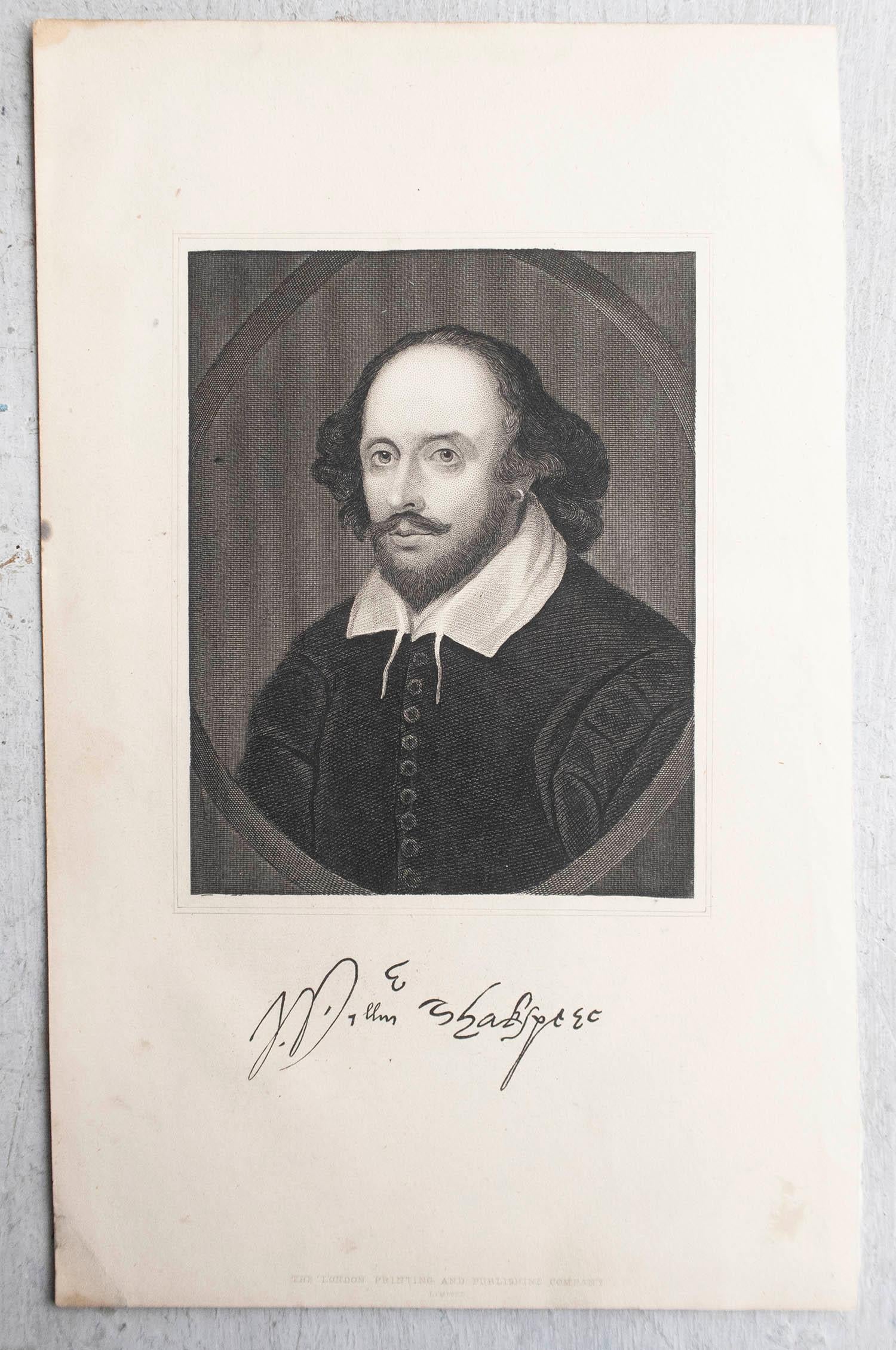 English Original Antique Print, Portrait of William Shakespeare, circa 1850 For Sale