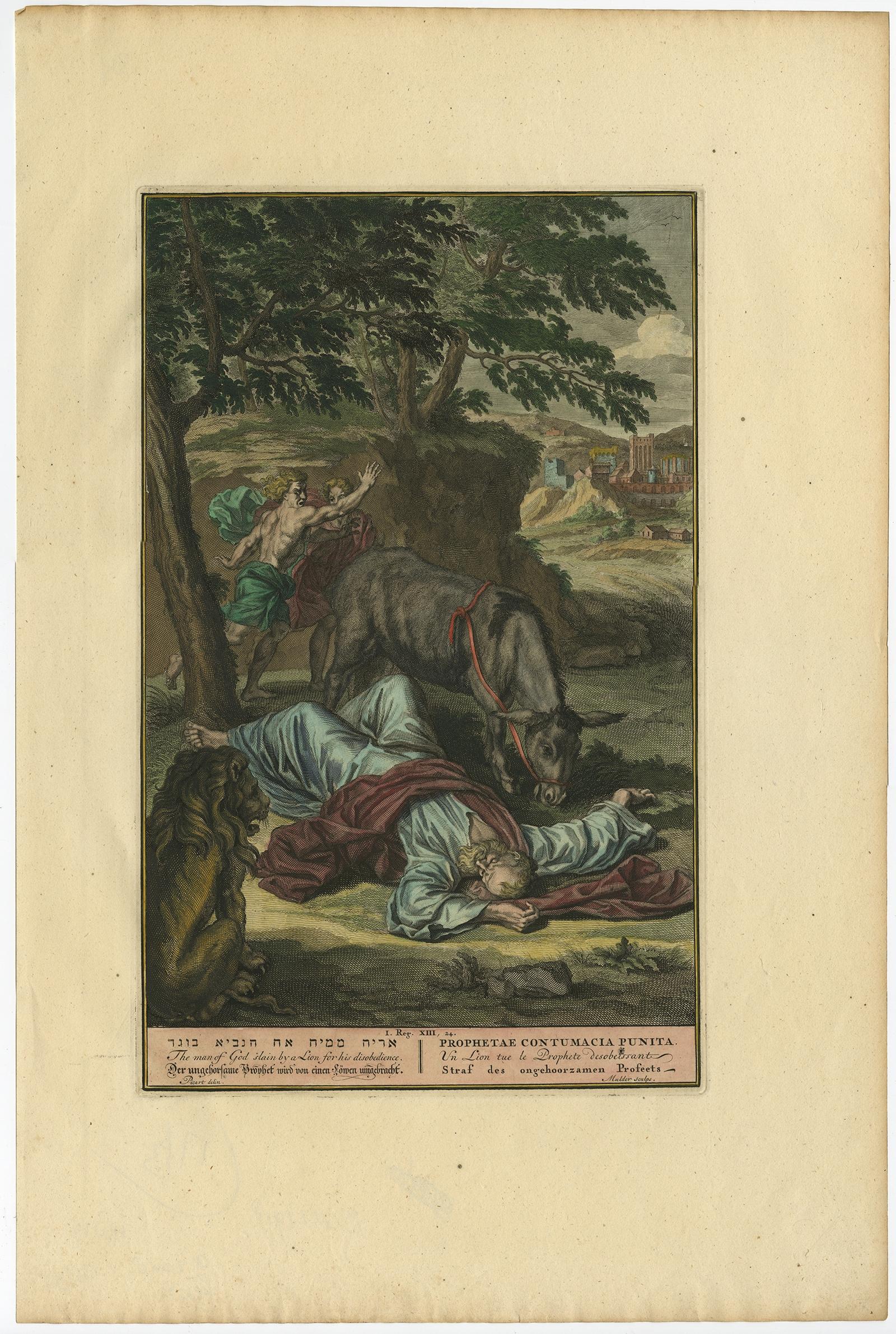 Antique print, titled: 'The Man of God slain by a Lion for his disobedience (…)' - Original antique print showing the prophet killed by a lion (I Kings XIII).

This scarse original old antique print / plate originates from: 'Naaukeurige