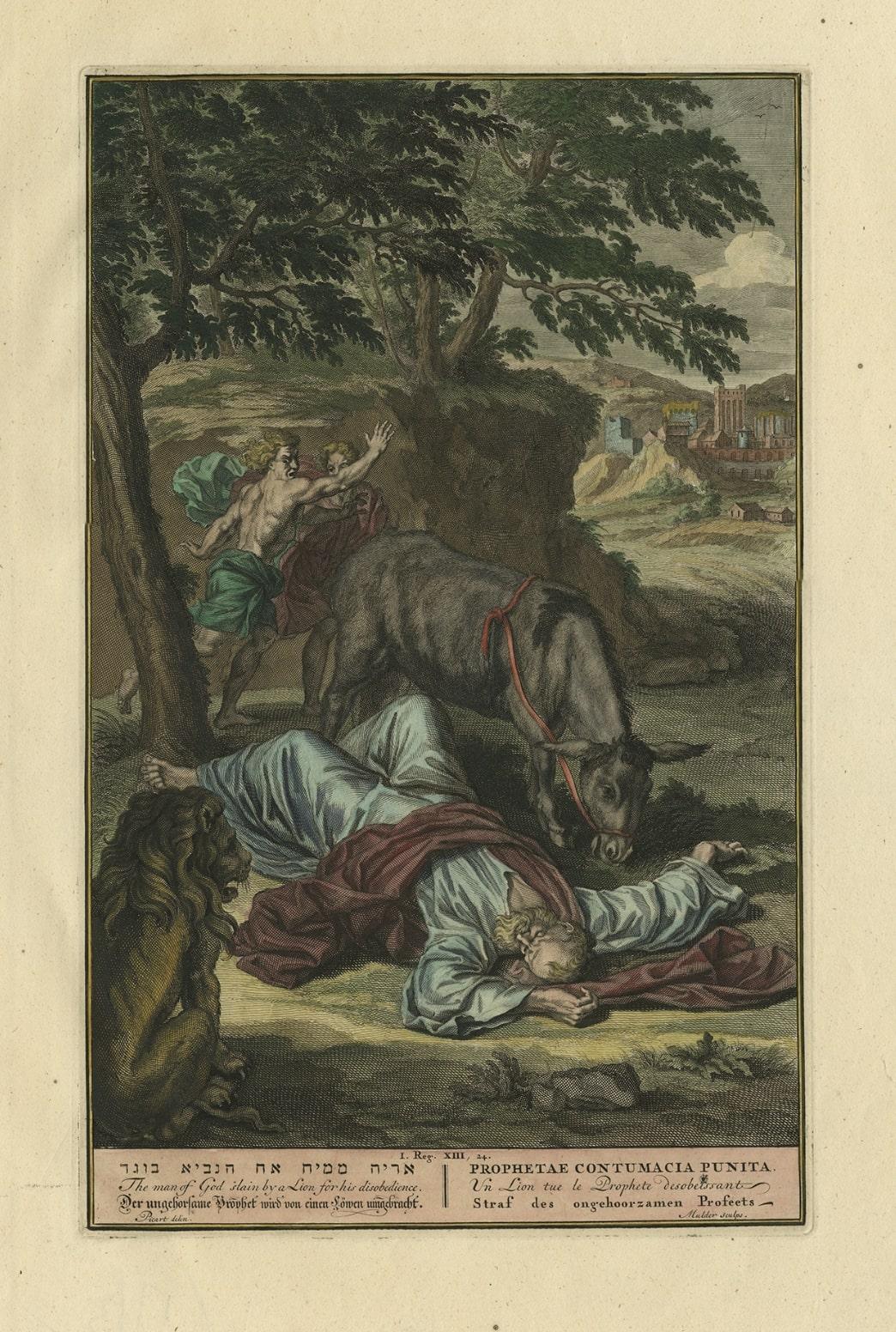 Original Antique Print Showing the Prophet Killed by a Lion 'I Kings XII', 1728 In Good Condition For Sale In Langweer, NL