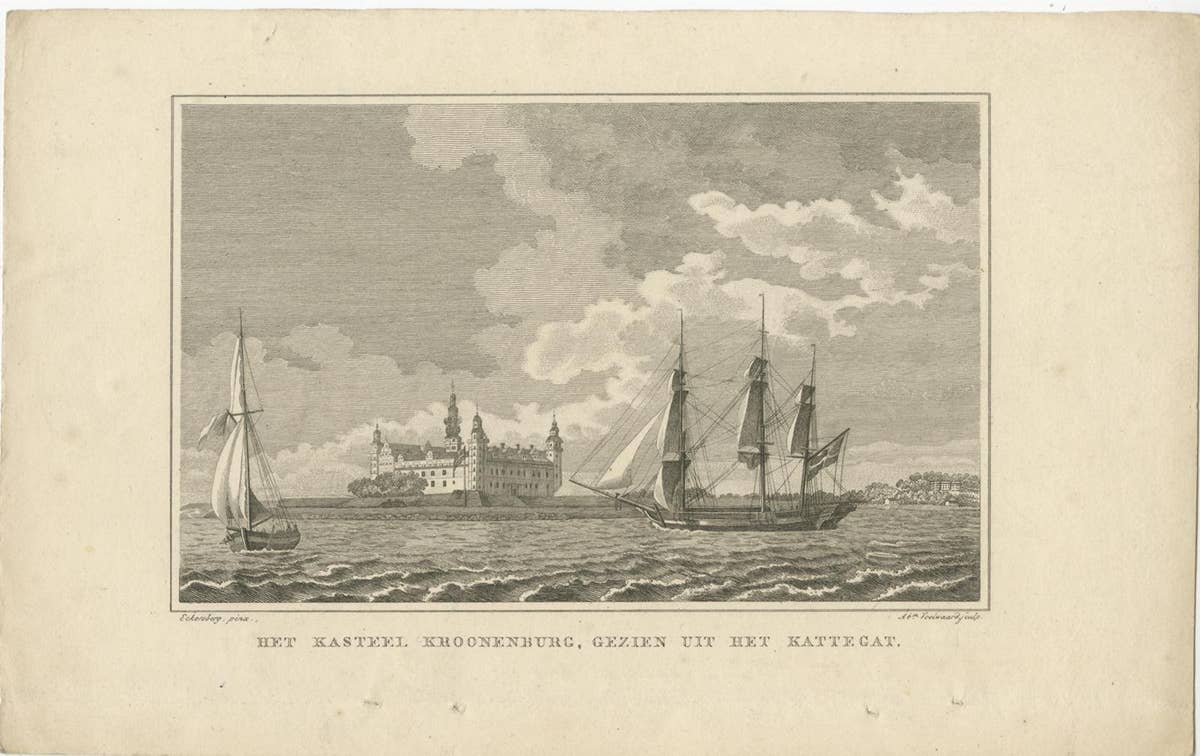 Original Antique Print with a View of Kronborg Castle, Seeland, Denmark, 1826
