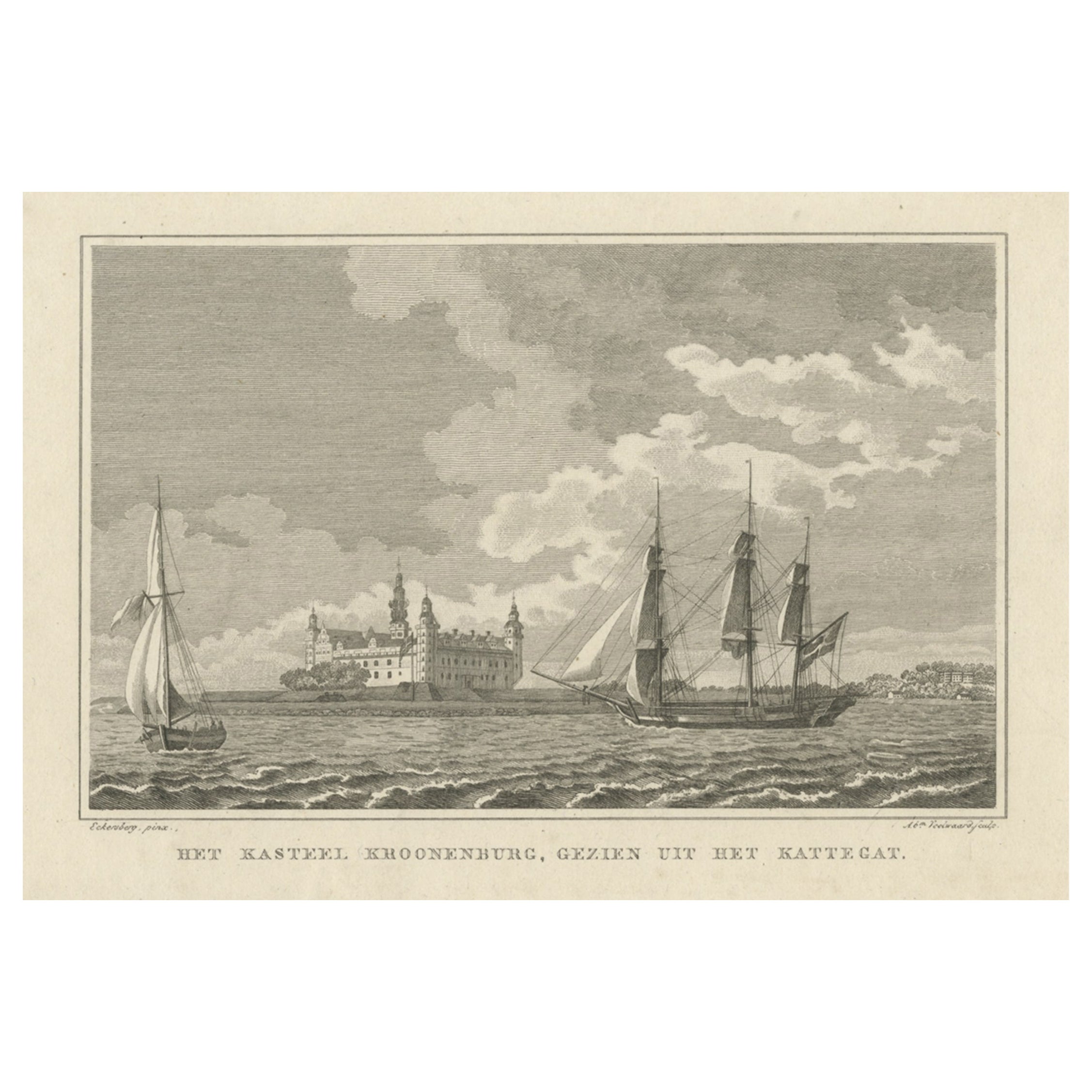 Original antiker Originaldruck mit Ansicht des Schlosses Kronborg, Seeland, Dänemark, 1826