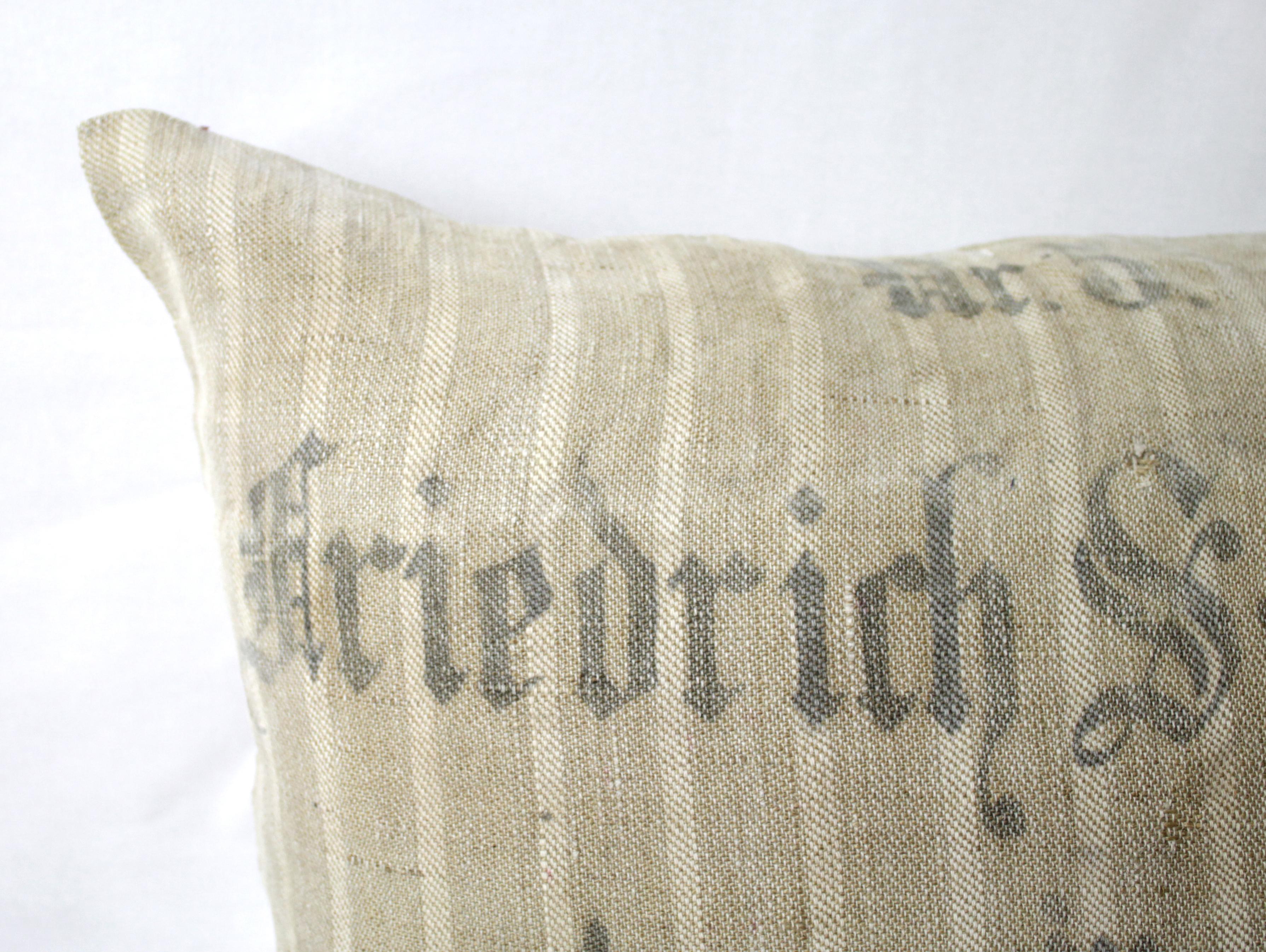 Rustic Original Antique Printed German Stripe Feed Sack Pillow For Sale