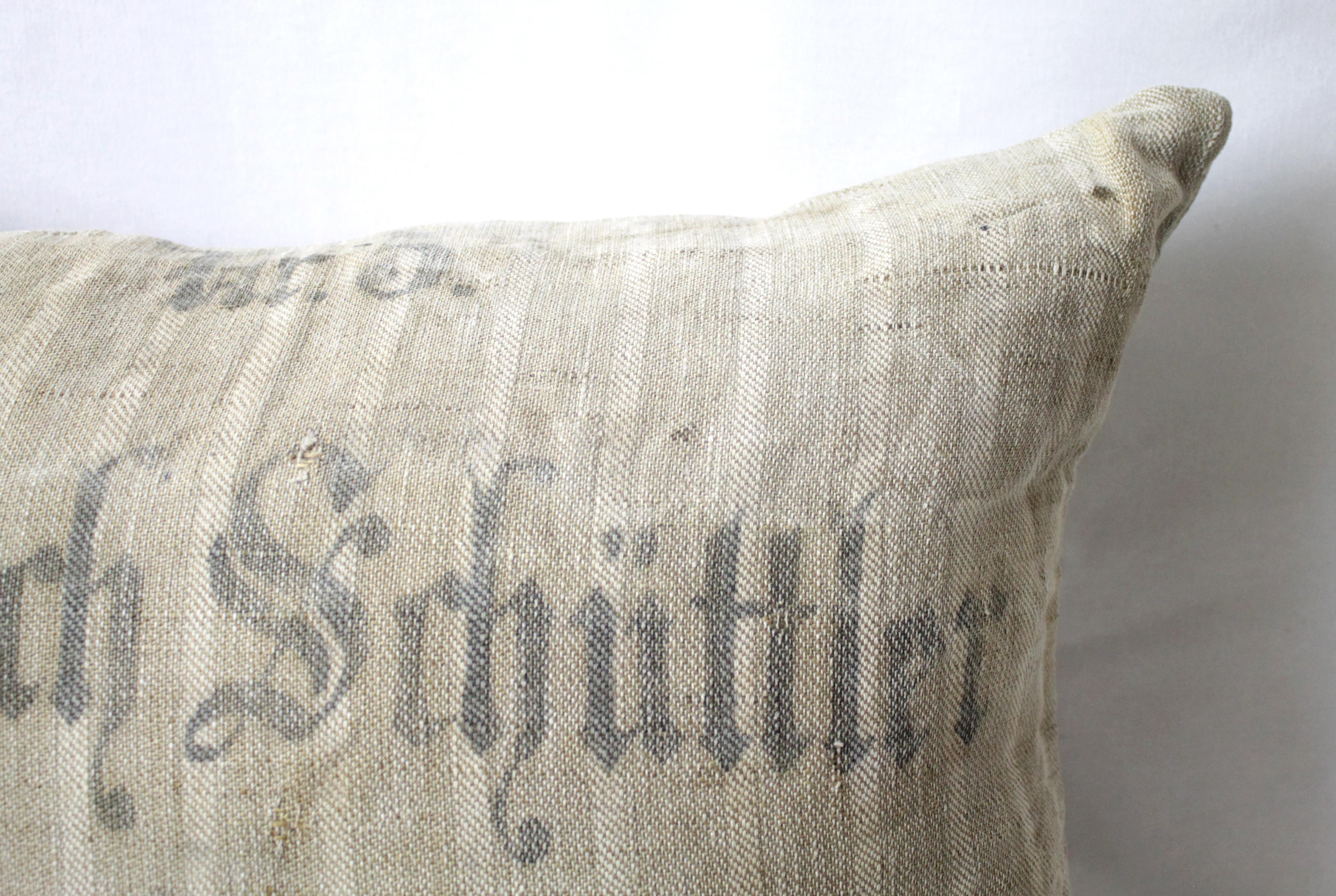 Original Antique Printed German Stripe Feed Sack Pillow In Distressed Condition For Sale In Brea, CA