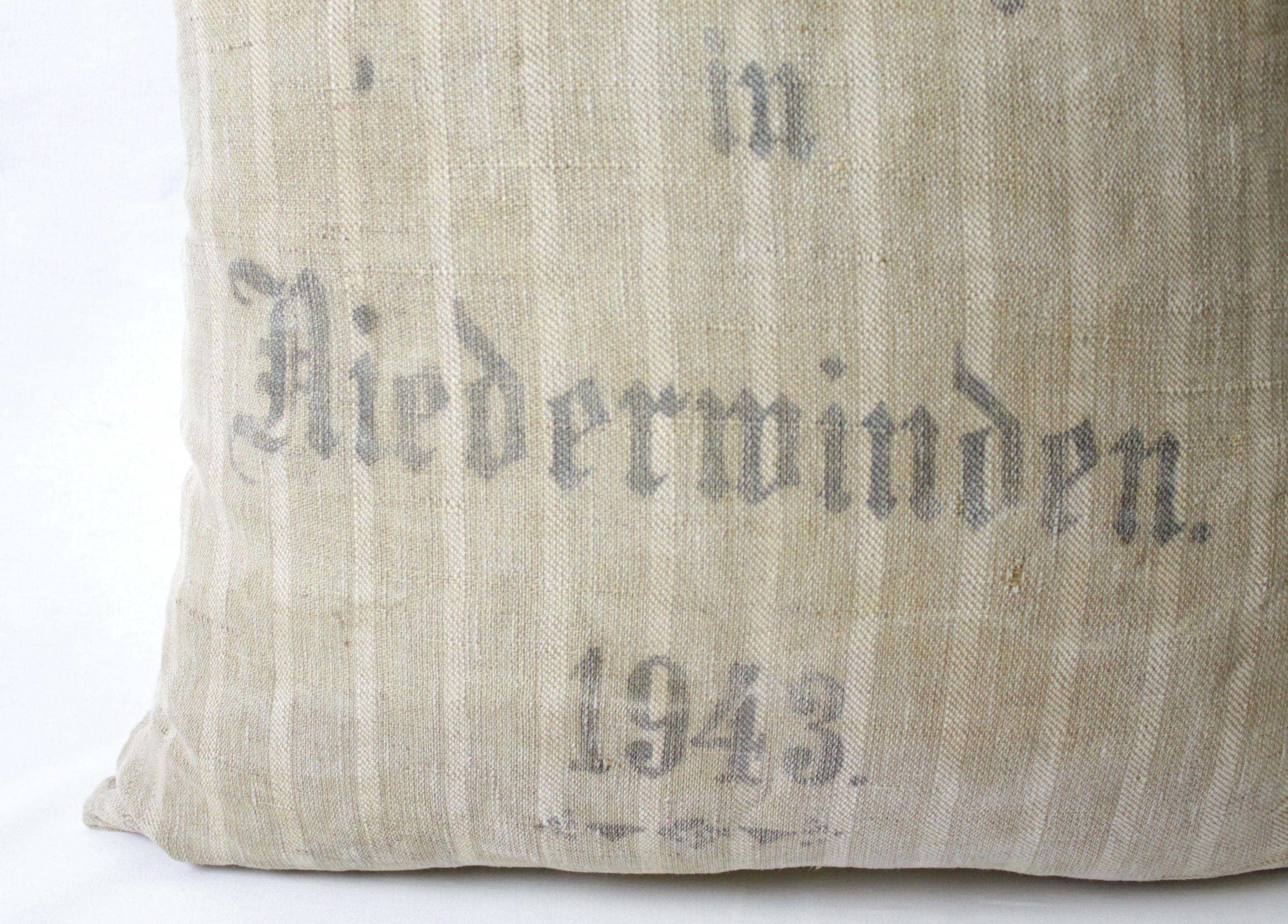 19th Century Original Antique Printed German Stripe Feed Sack Pillow For Sale