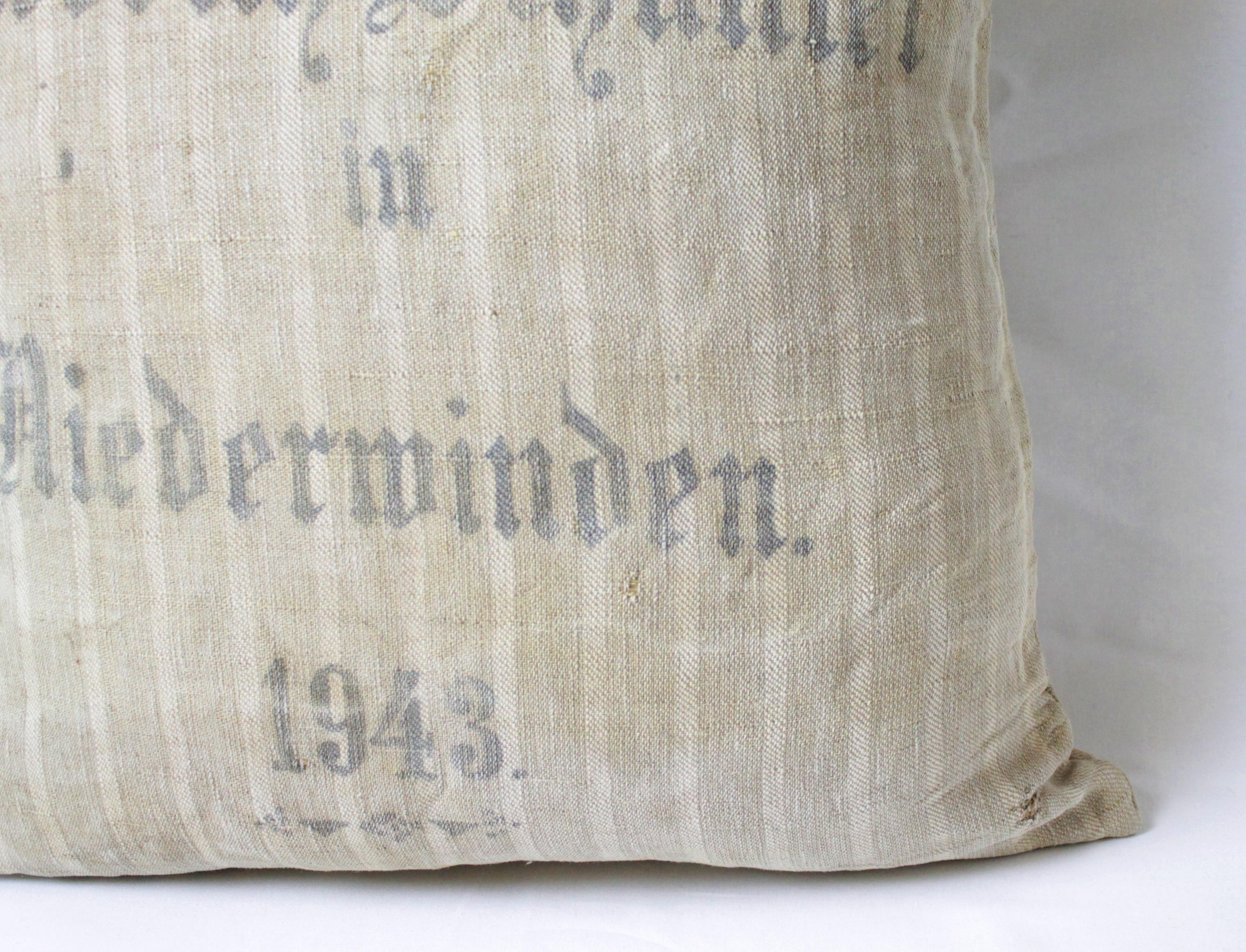 Linen Original Antique Printed German Stripe Feed Sack Pillow For Sale