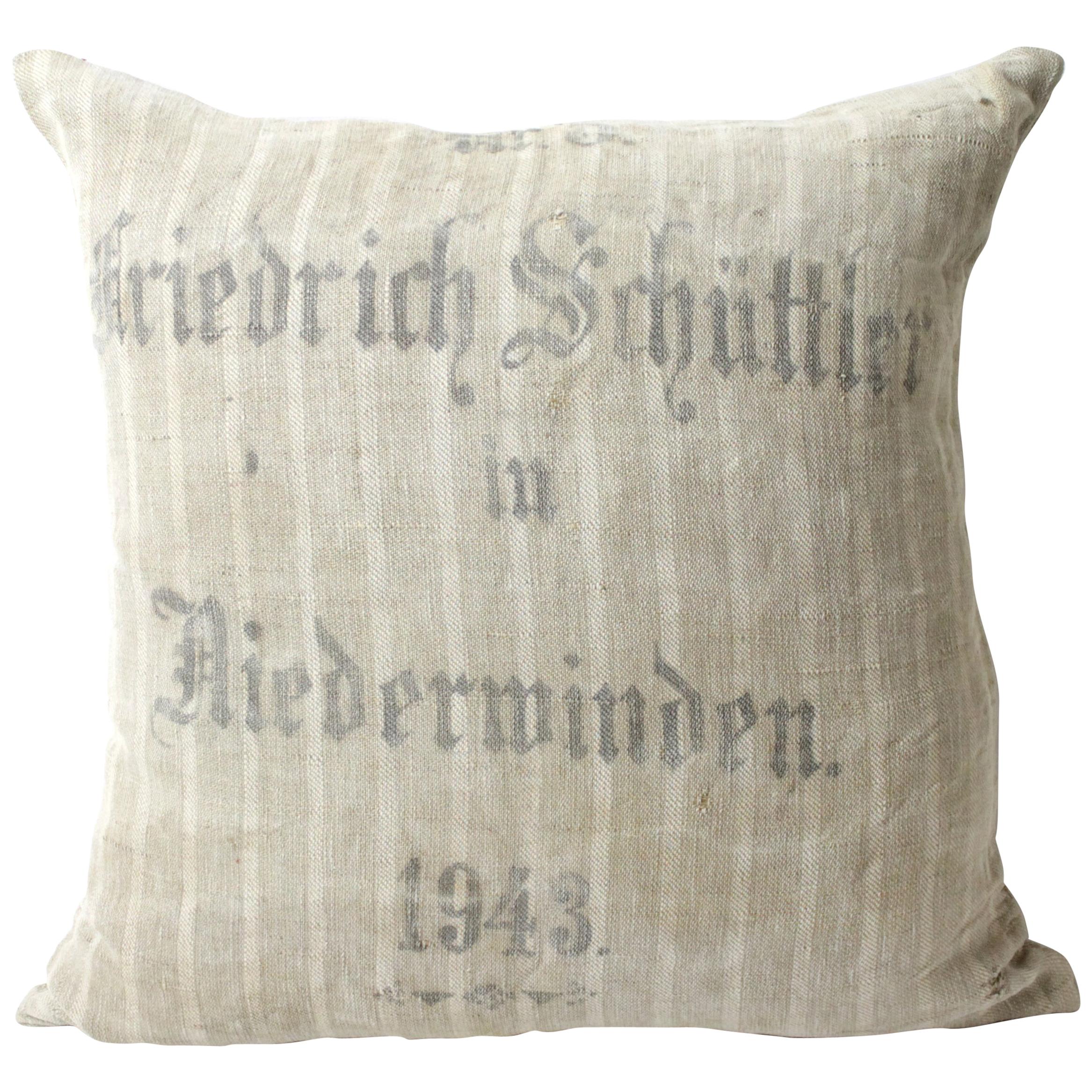 Original Antique Printed German Stripe Feed Sack Pillow For Sale