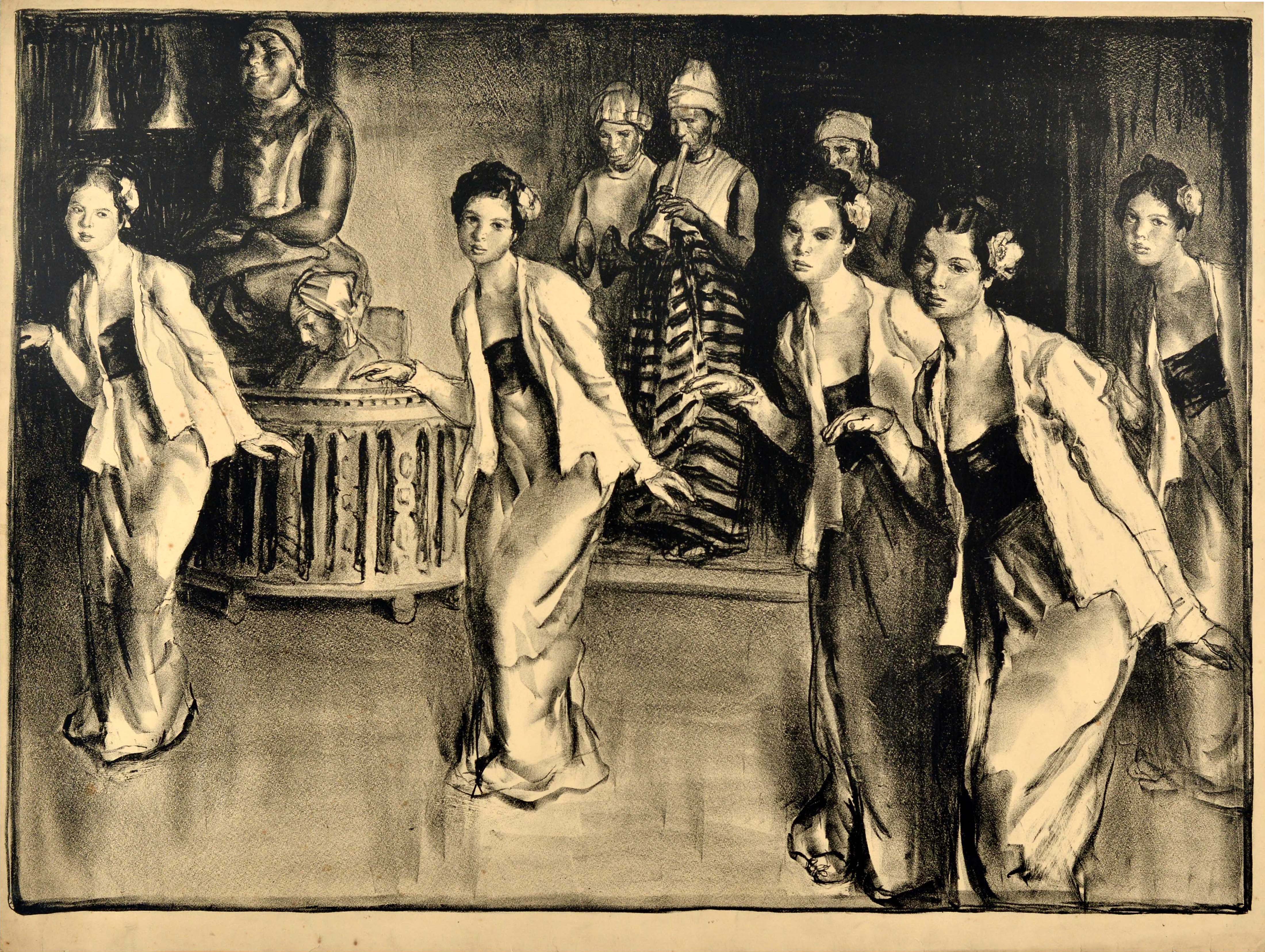 Litografia originale a prova di stampatore antico Danzatrici birmane EMB G S Pryse in vendita