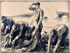 Litografía original antigua de prueba de imprenta Pescadores de Terranova EMB G S Pryse