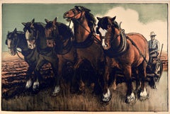 Litografía original antigua de prueba de imprenta Escena de arado Caballos EMB G S Pryse