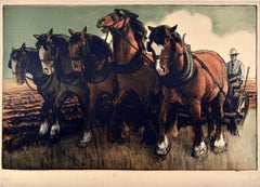 Litografía original antigua de prueba de imprenta Escena de arado Caballos EMB G S Pryse