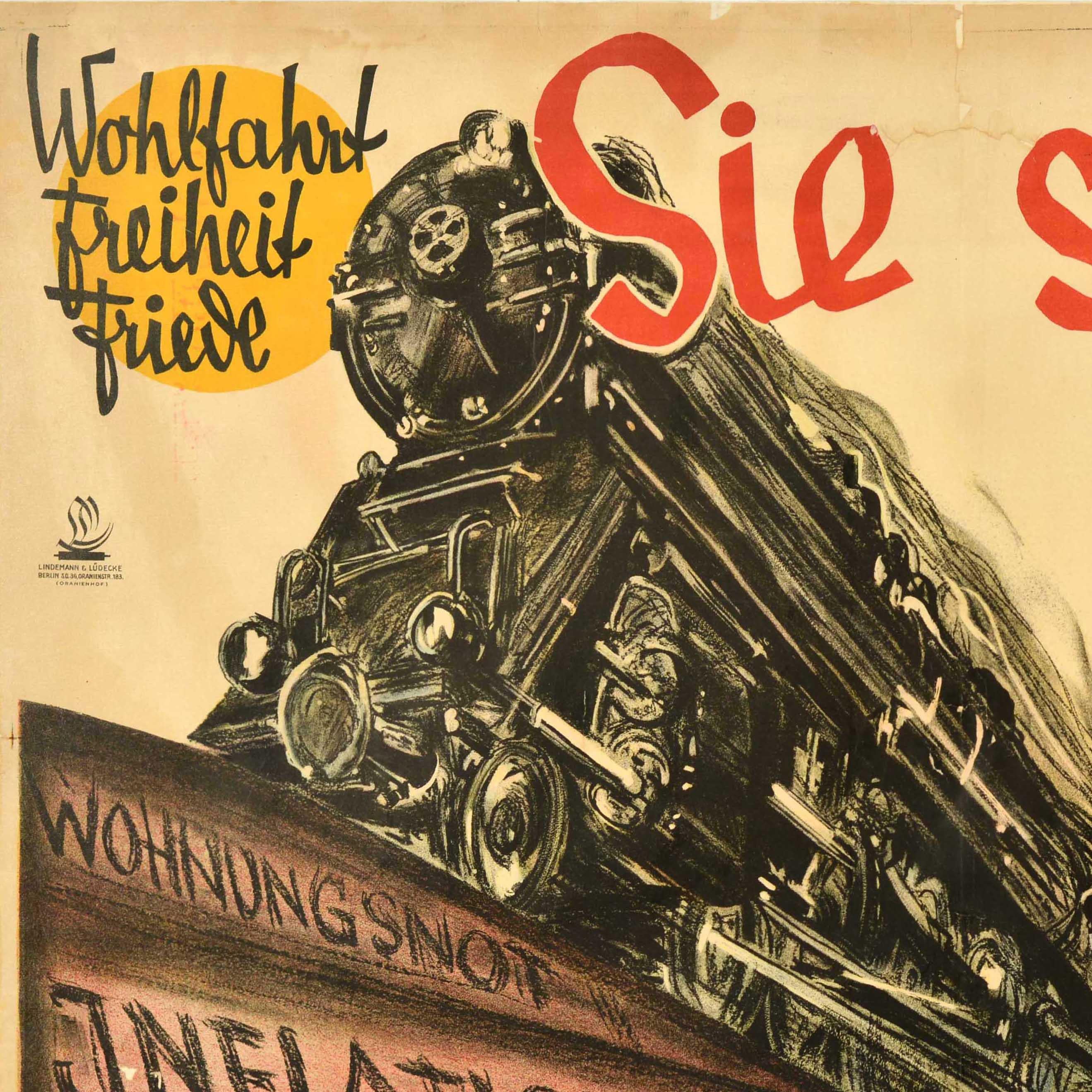 Original antique propaganda election poster for the German Democratic Party / Deutsche Demokratische Partei - featuring a dynamic design depicting a steam train travelling at speed on a track referencing Wohnungsnot Inflationzeit Spartakus Kreig /