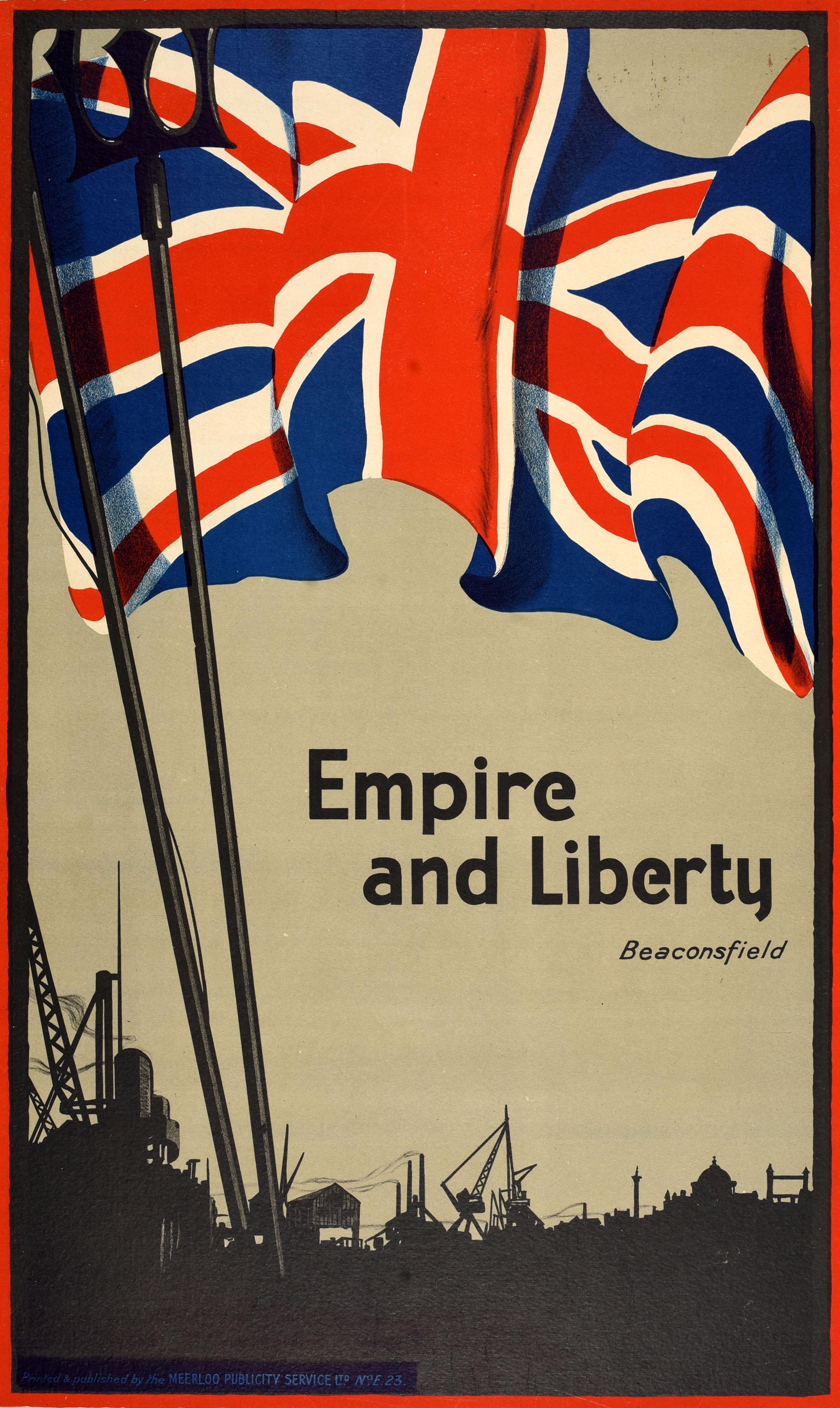 Cartel antiguo original - Empire and Liberty Beaconsfield - con un gran diseño que representa un tridente delante de una bandera roja, blanca y azul de la Unión Jack ondeando sobre una silueta de un horizonte industrial que incluye grúas, chimeneas