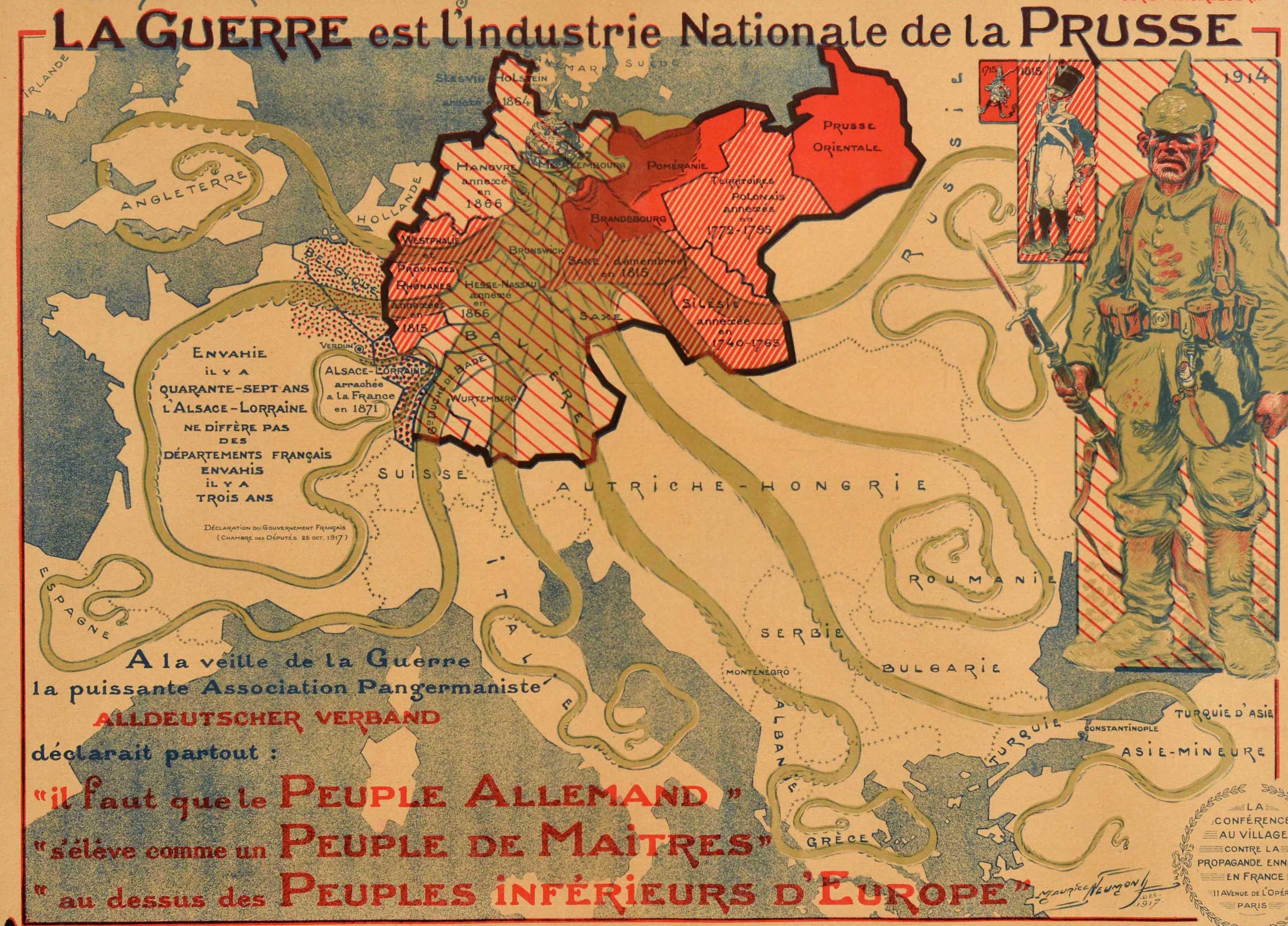 Original antique French propaganda poster featuring a quote by Mirabeau at the top - La Guerre est l'Industrie Nationale de la Prusse / War is the national industry of Prussia - with images of soldiers on the right dated 1715, 1815 and 1914