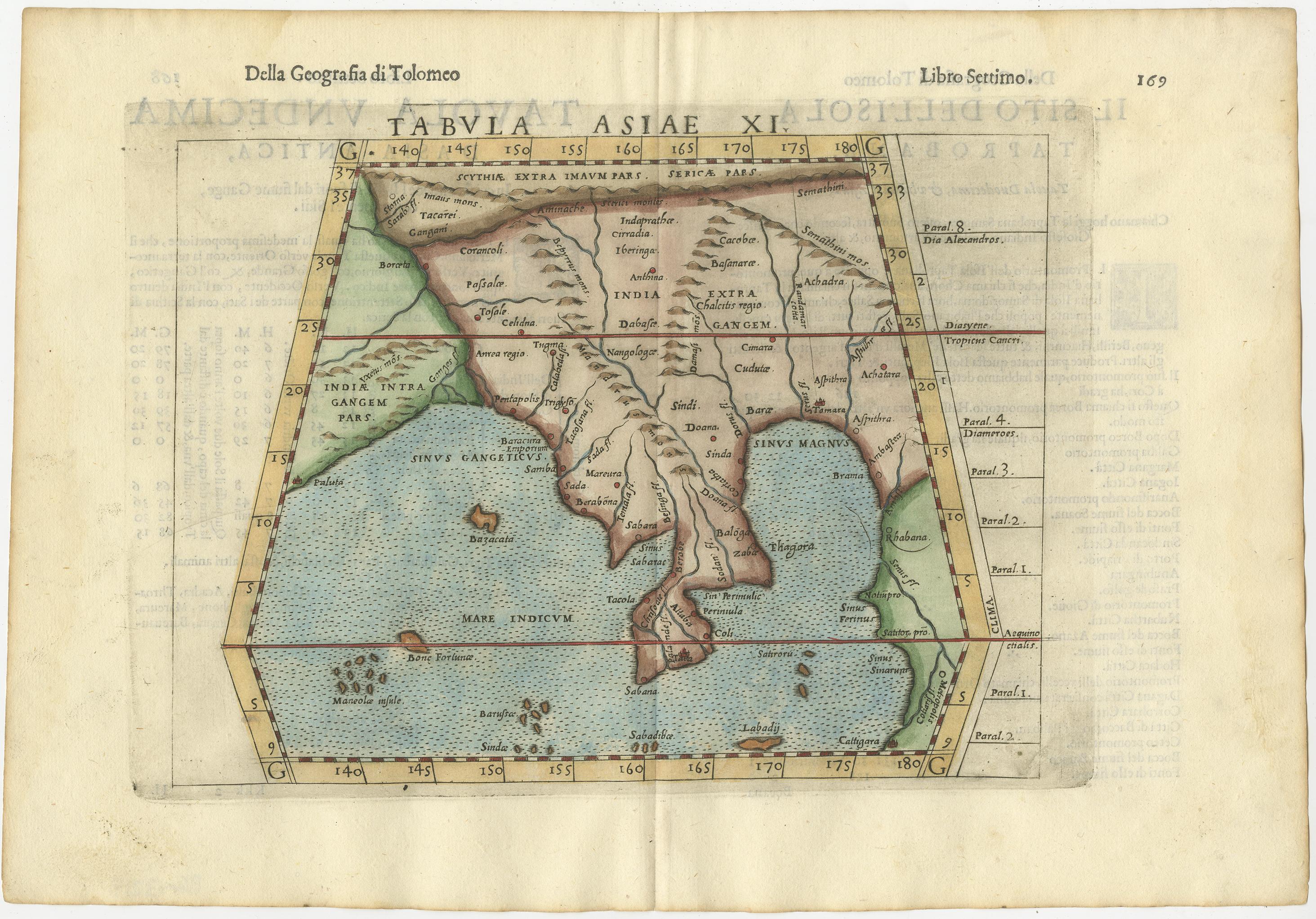 Antique map titled 'Tabula Asiae XI'. Based on the interpretations of Solinus and Munster, this Ptolemaic map covers the region roughly of Thailand and Malaysia. An oddly shaped (Malaysian?) peninsula lies to the east of the Ganges River, then the