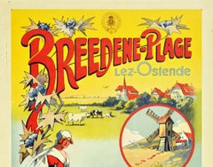 Affiche de voyage d'origine ancienne des chemins de fer Breedene Plage Lez Ostende Beach Belgique
