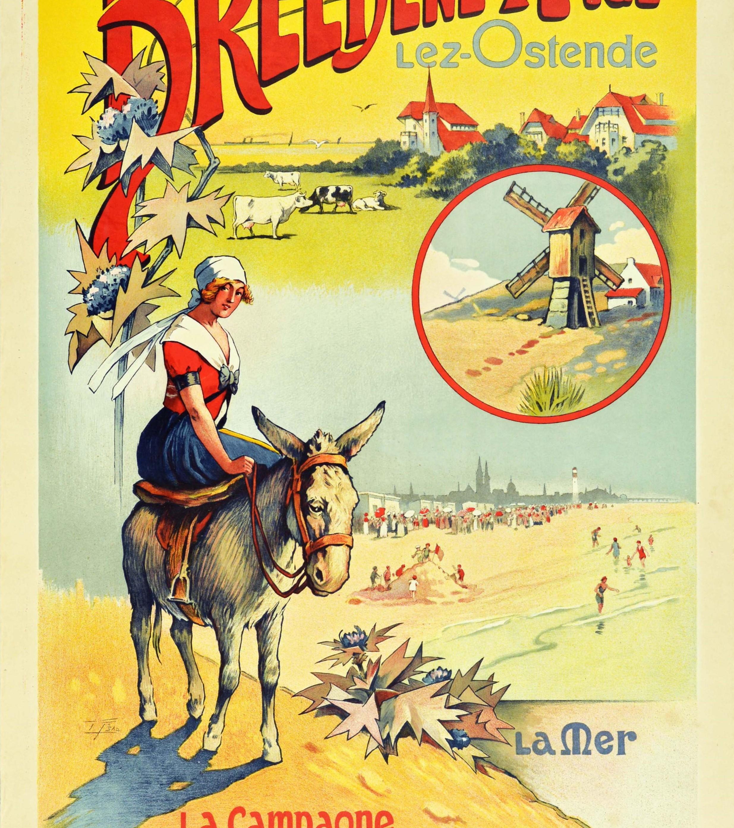 Belgian Original Antique Railway Travel Poster Breedene Plage Lez Ostende Beach Belgium For Sale