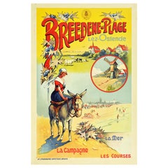 Original Antique Railway Travel Poster Breedene Plage Lez Ostende Beach Belgium