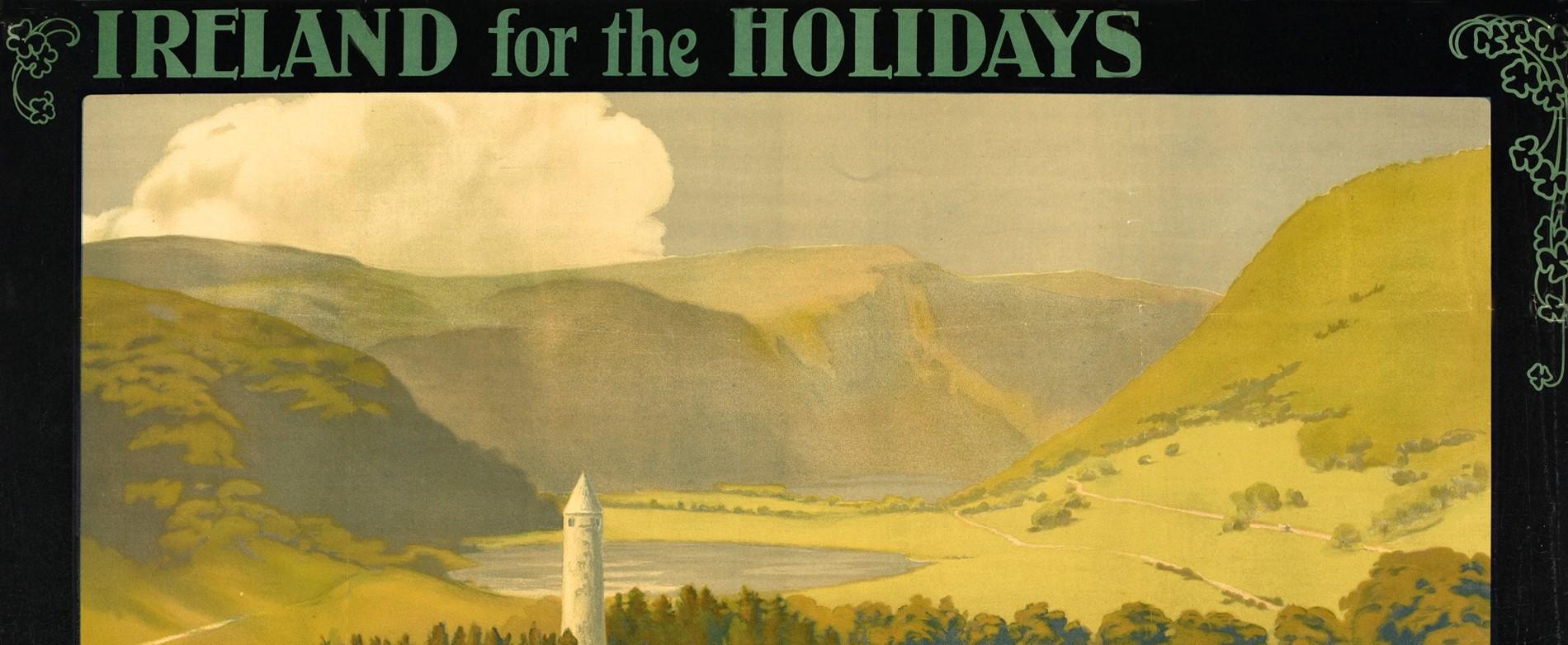 Original antique railway travel poster - Ireland for the Holidays - featuring a scenic view of an Irish landscape depicting people and horse and carts on a road winding through the trees with a tower in front of a lake and rolling green hills in the