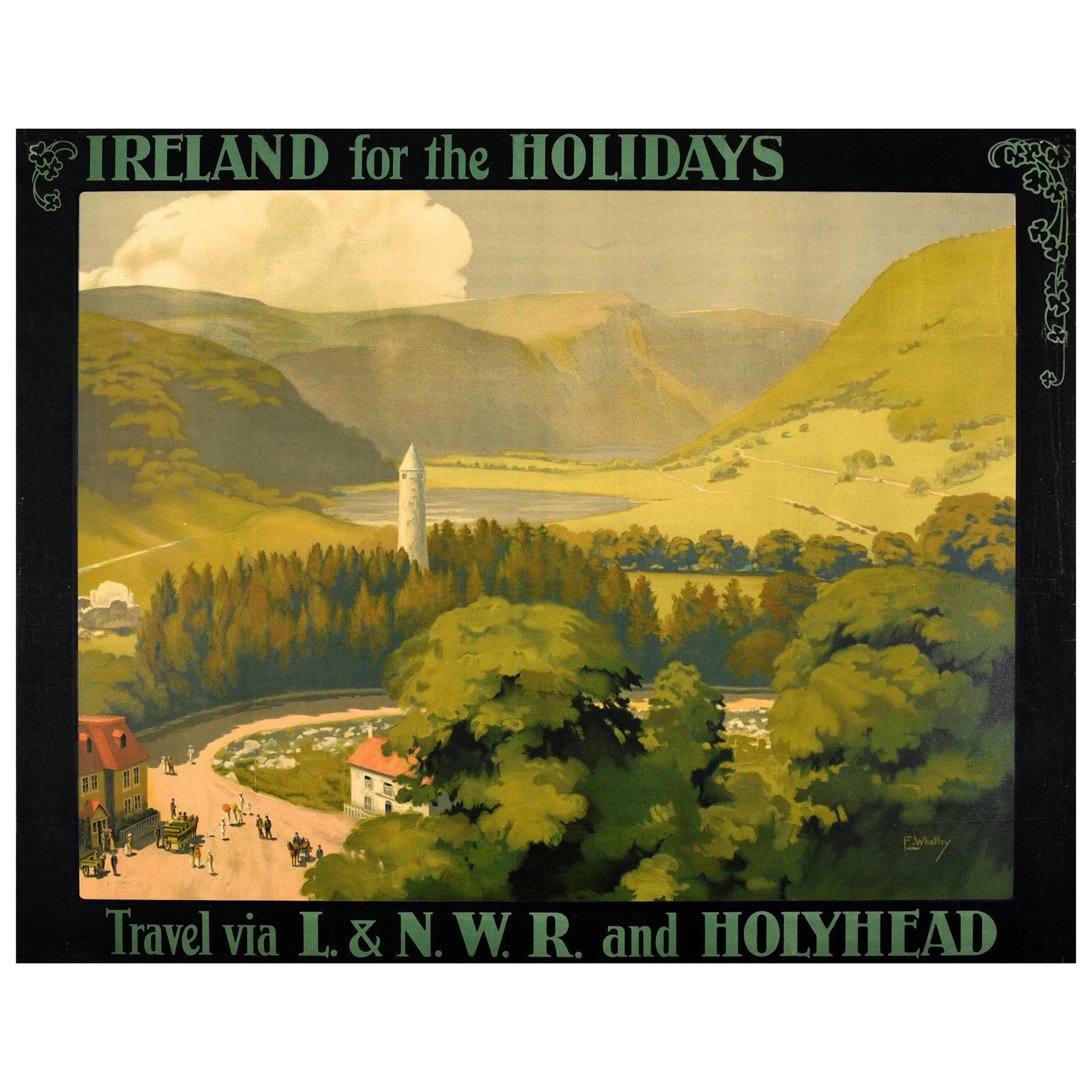 Original Antique Railway Travel Poster Ireland for the Holidays LNWR & Holyhead