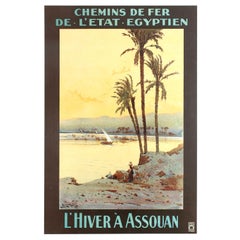 Original Antique Railway Travel Poster Winter in Aswan Egypt River Nile Assouan
